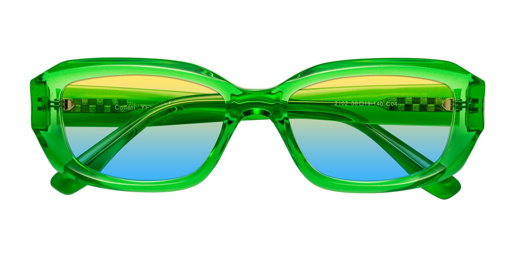 Folded Front of Cullari in Grass Green with Yellow / Blue Gradient Lenses