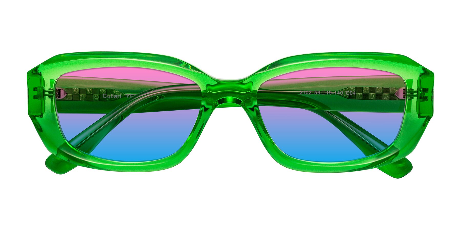 Folded Front of Cullari in Grass Green with Pink / Blue Gradient Lenses