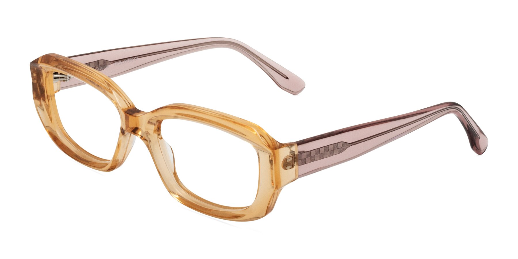 Angle of Cullari in Champagne/Light Purple with Clear Blue Light Blocking Lenses