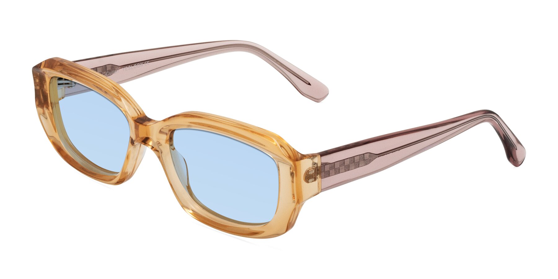 Angle of Cullari in Champagne/Light Purple with Light Blue Tinted Lenses