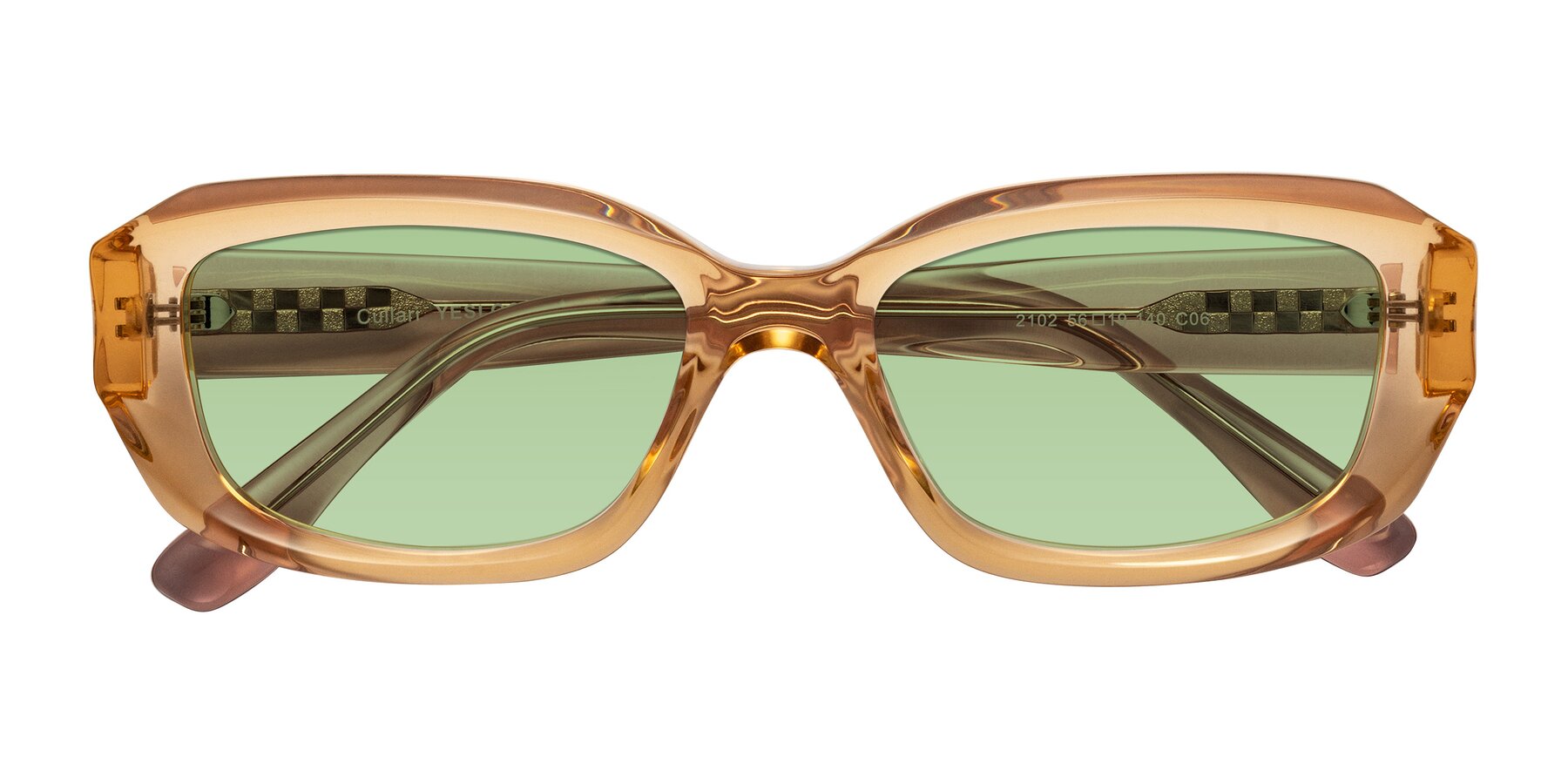 Folded Front of Cullari in Champagne/Light Purple with Medium Green Tinted Lenses