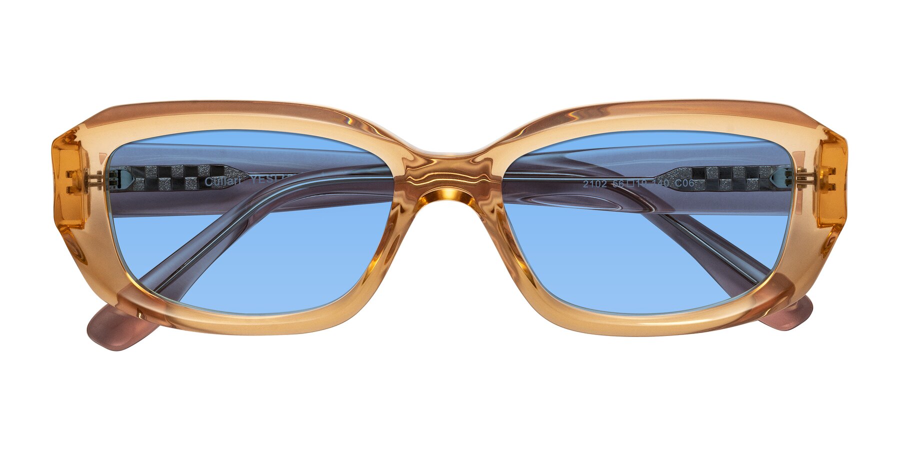 Folded Front of Cullari in Champagne/Light Purple with Medium Blue Tinted Lenses