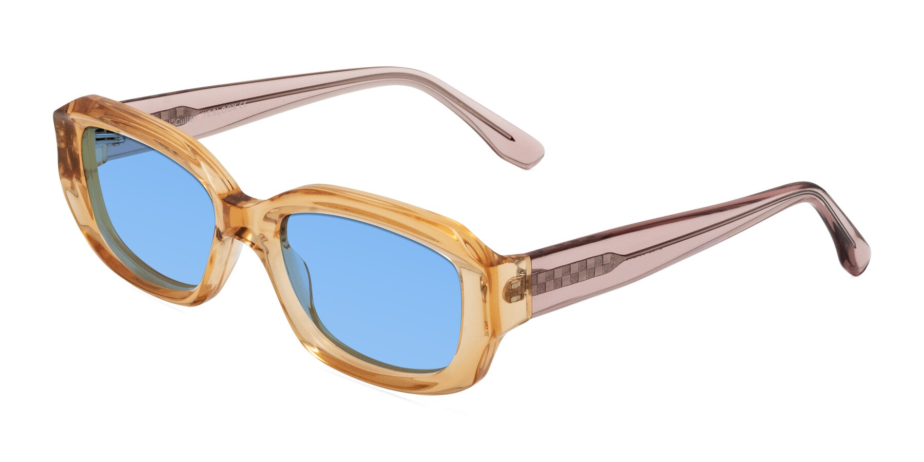 Angle of Cullari in Champagne/Light Purple with Medium Blue Tinted Lenses