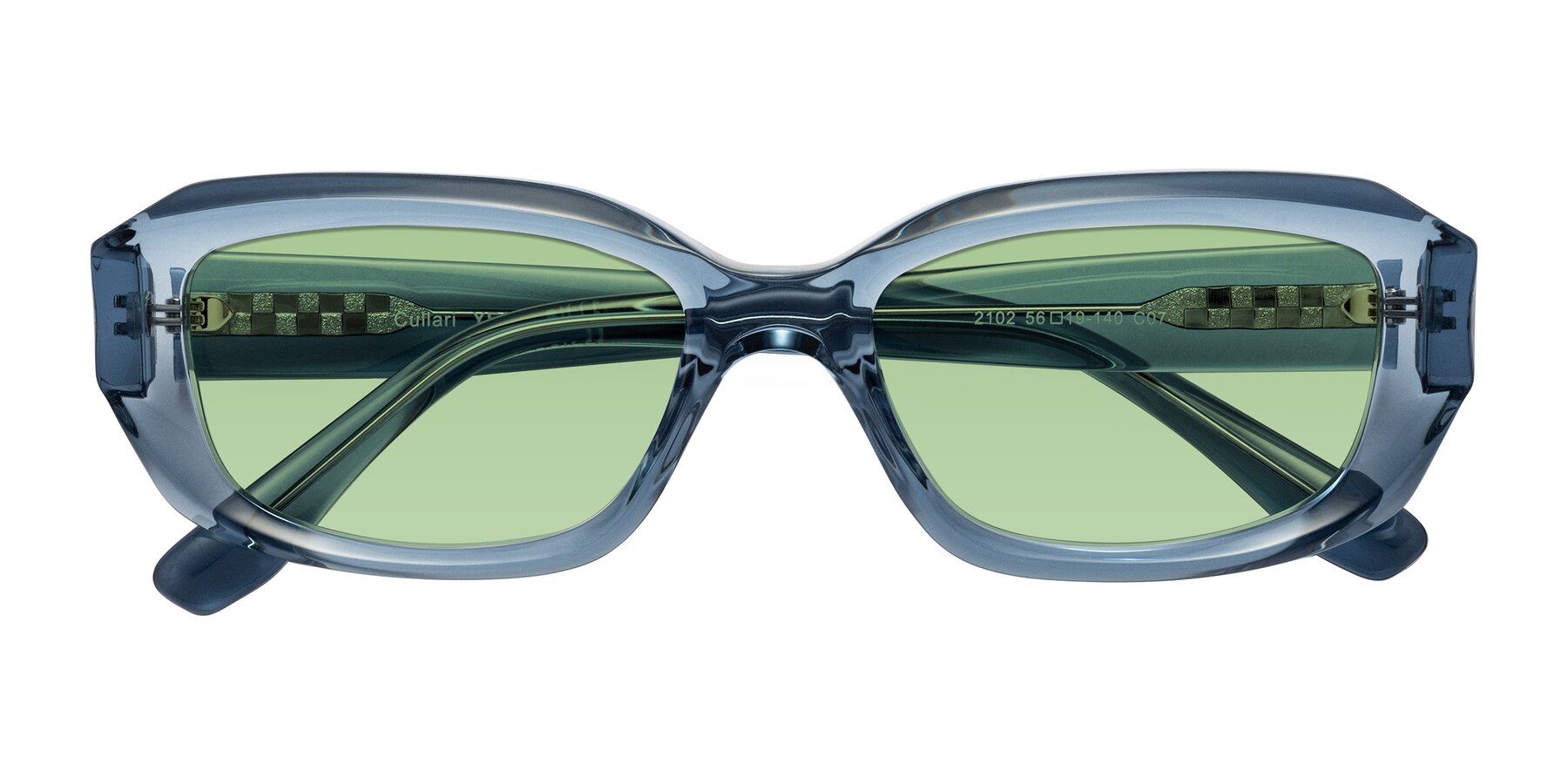 Folded Front of Cullari in Crystal Blueberry with Medium Green Tinted Lenses