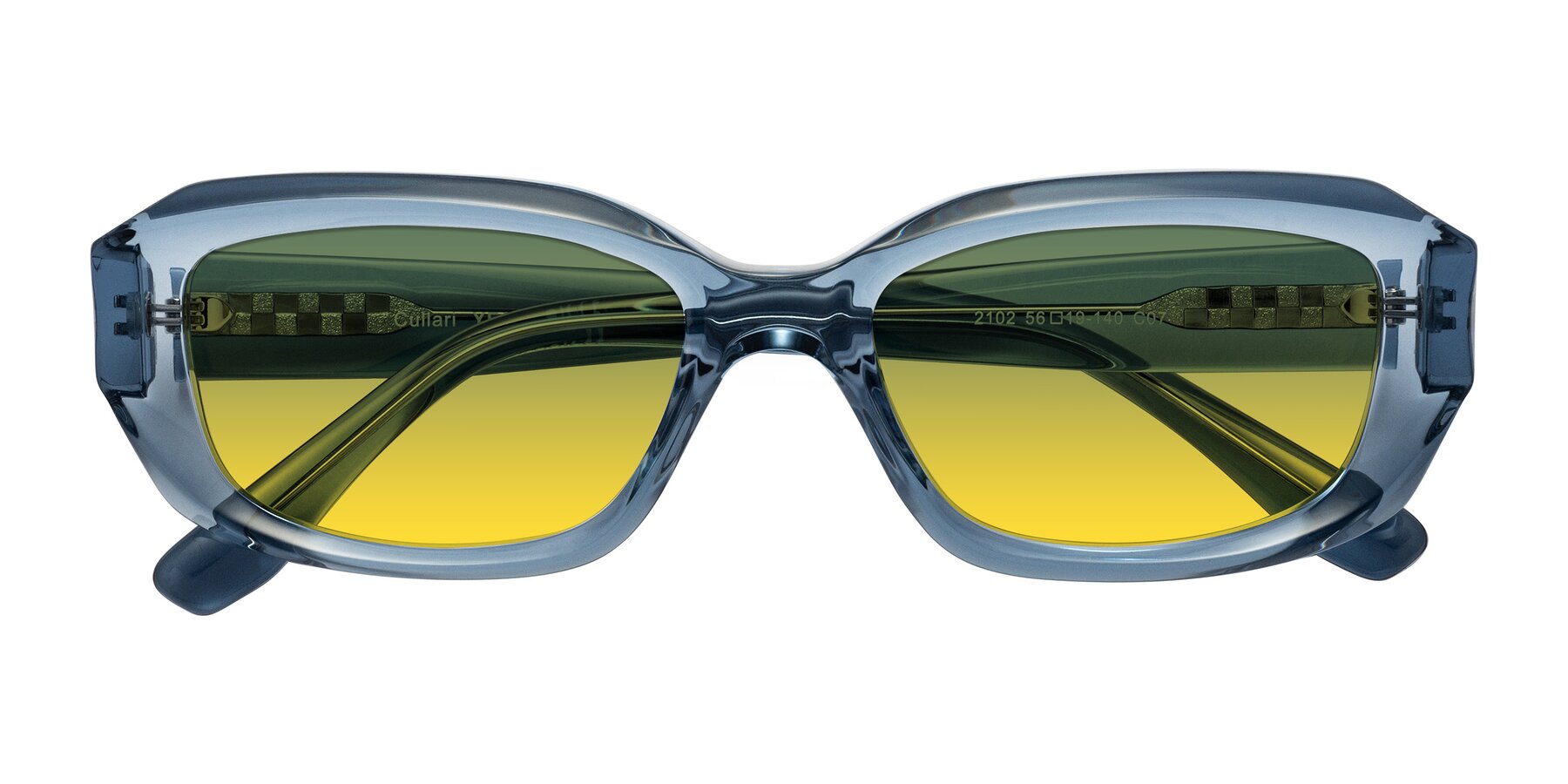 Folded Front of Cullari in Crystal Blueberry with Green / Yellow Gradient Lenses
