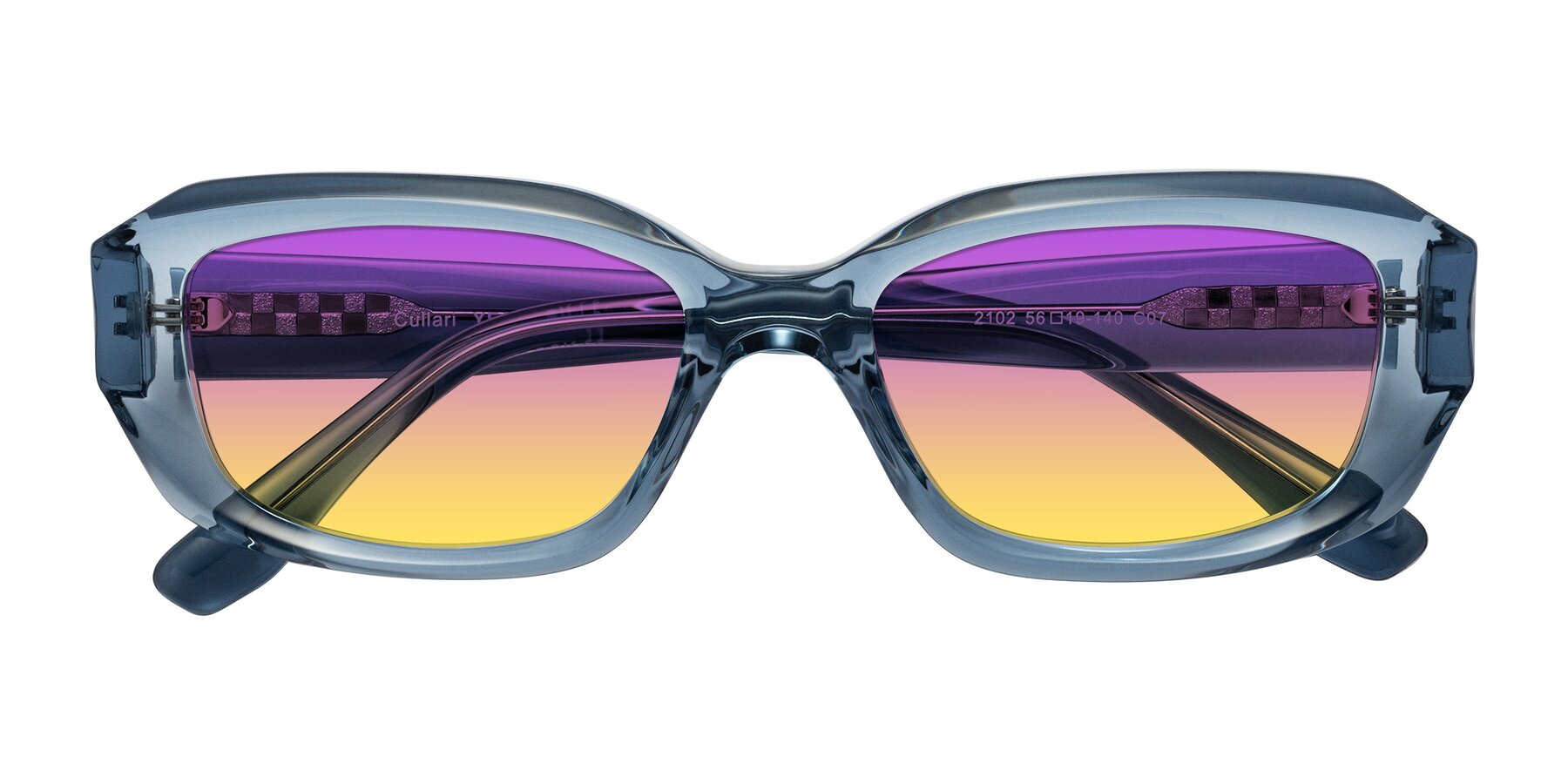 Folded Front of Cullari in Crystal Blueberry with Purple / Yellow Gradient Lenses