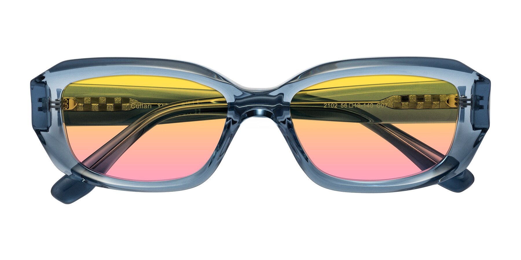 Folded Front of Cullari in Crystal Blueberry with Yellow / Pink Gradient Lenses