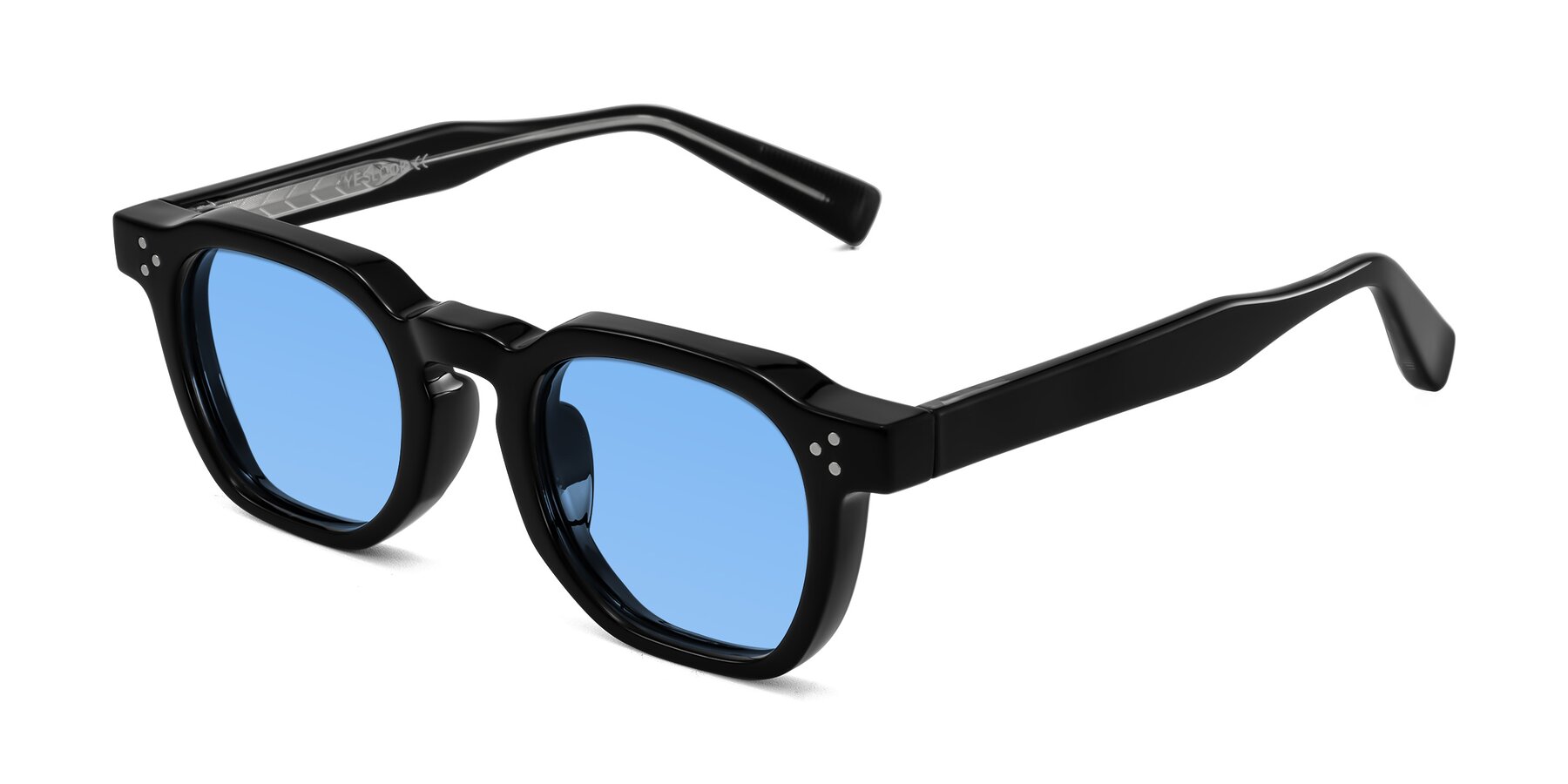 Angle of Fingar in Black with Medium Blue Tinted Lenses