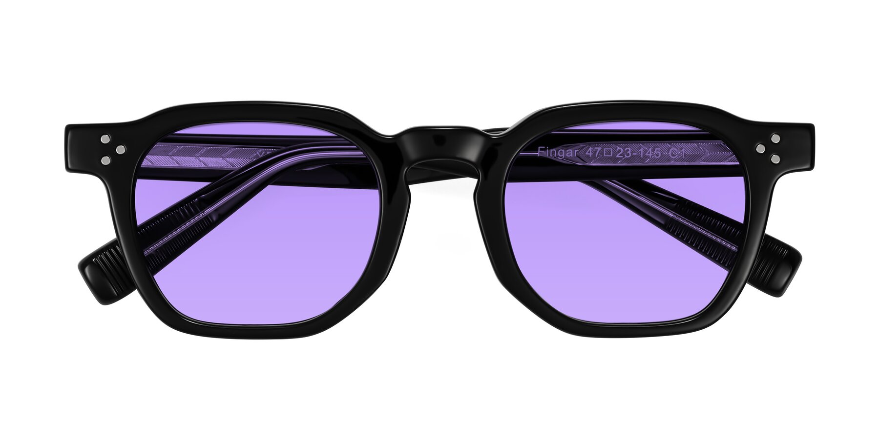 Folded Front of Fingar in Black with Medium Purple Tinted Lenses