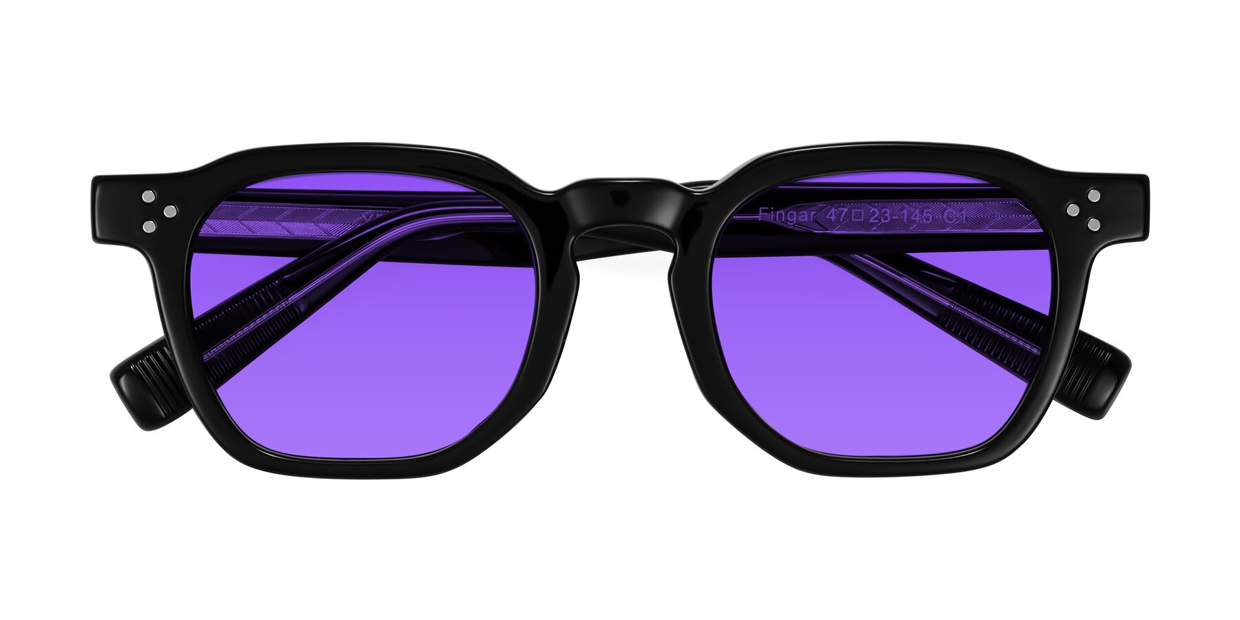 Folded Front of Fingar in Black with Purple Tinted Lenses