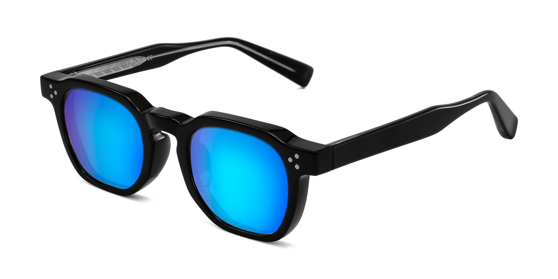 Angle of Fingar in Black with Blue Mirrored Lenses