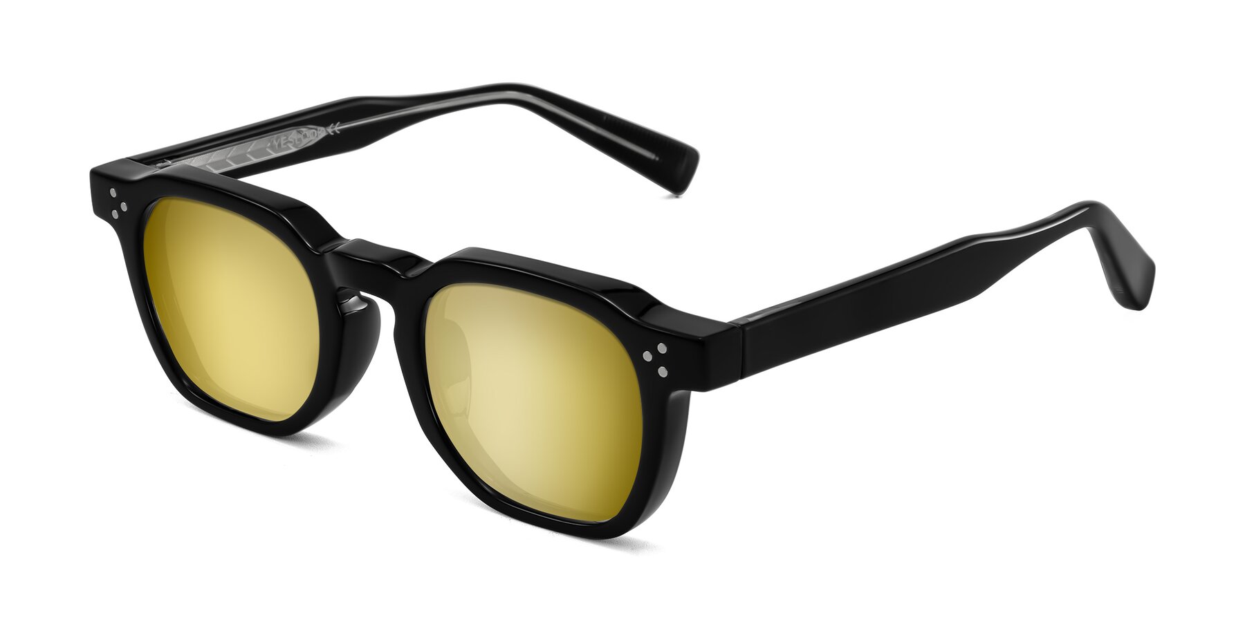 Angle of Fingar in Black with Gold Mirrored Lenses