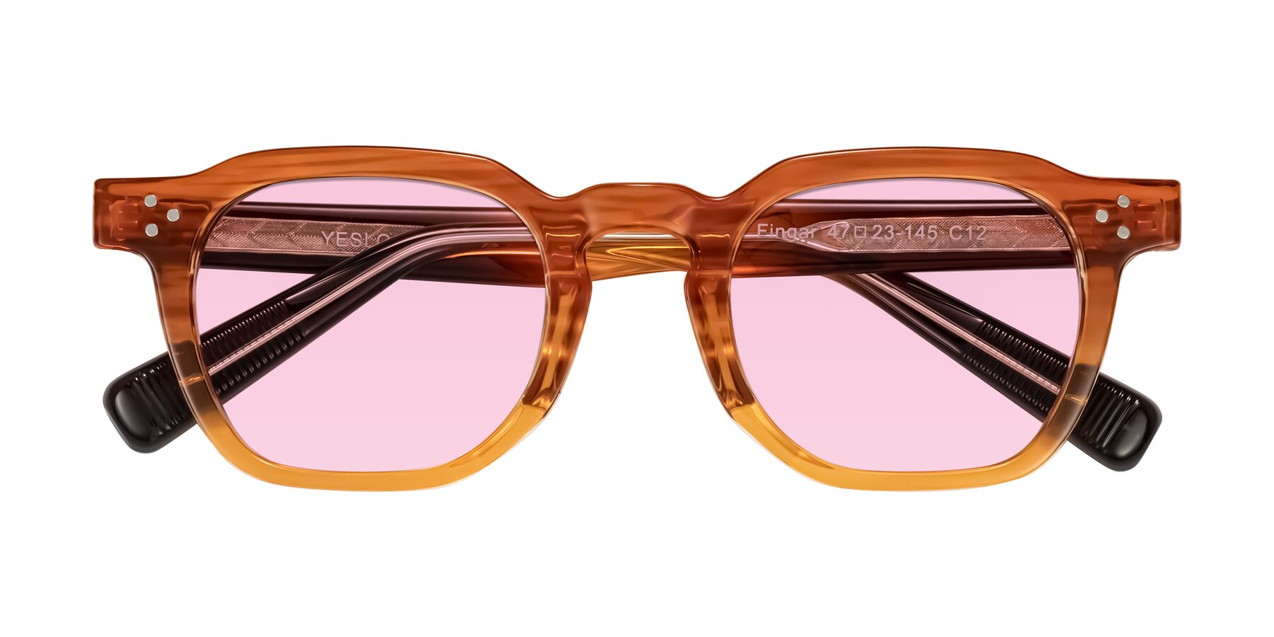 Folded Front of Fingar in Amber Striped with Light Pink Tinted Lenses