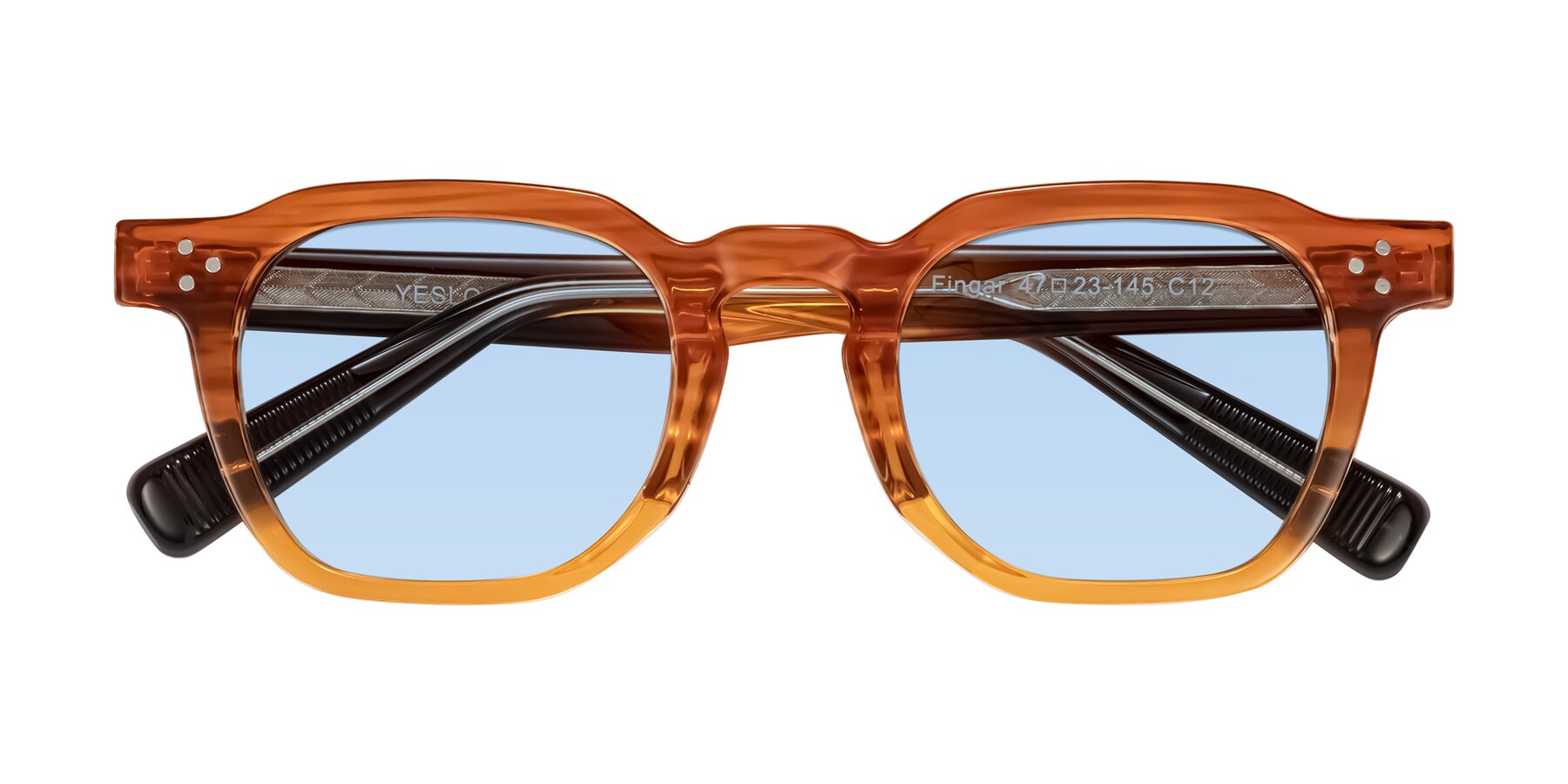 Folded Front of Fingar in Amber Striped with Light Blue Tinted Lenses