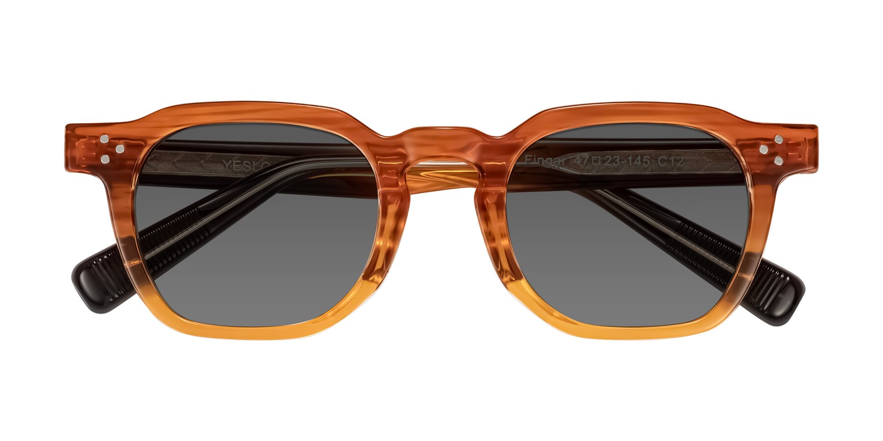 Folded Front of Fingar in Amber Striped with Medium Gray Tinted Lenses