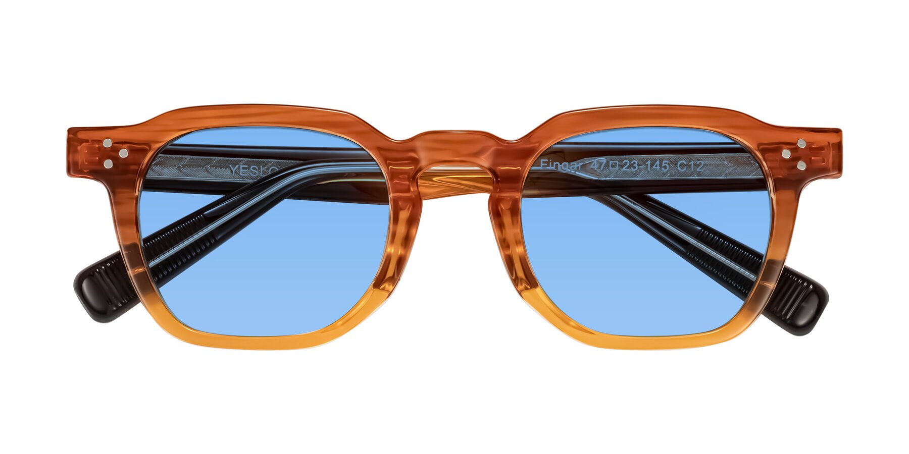 Folded Front of Fingar in Amber Striped with Medium Blue Tinted Lenses