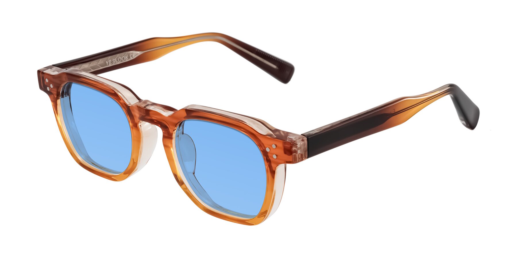 Angle of Fingar in Amber Striped with Medium Blue Tinted Lenses