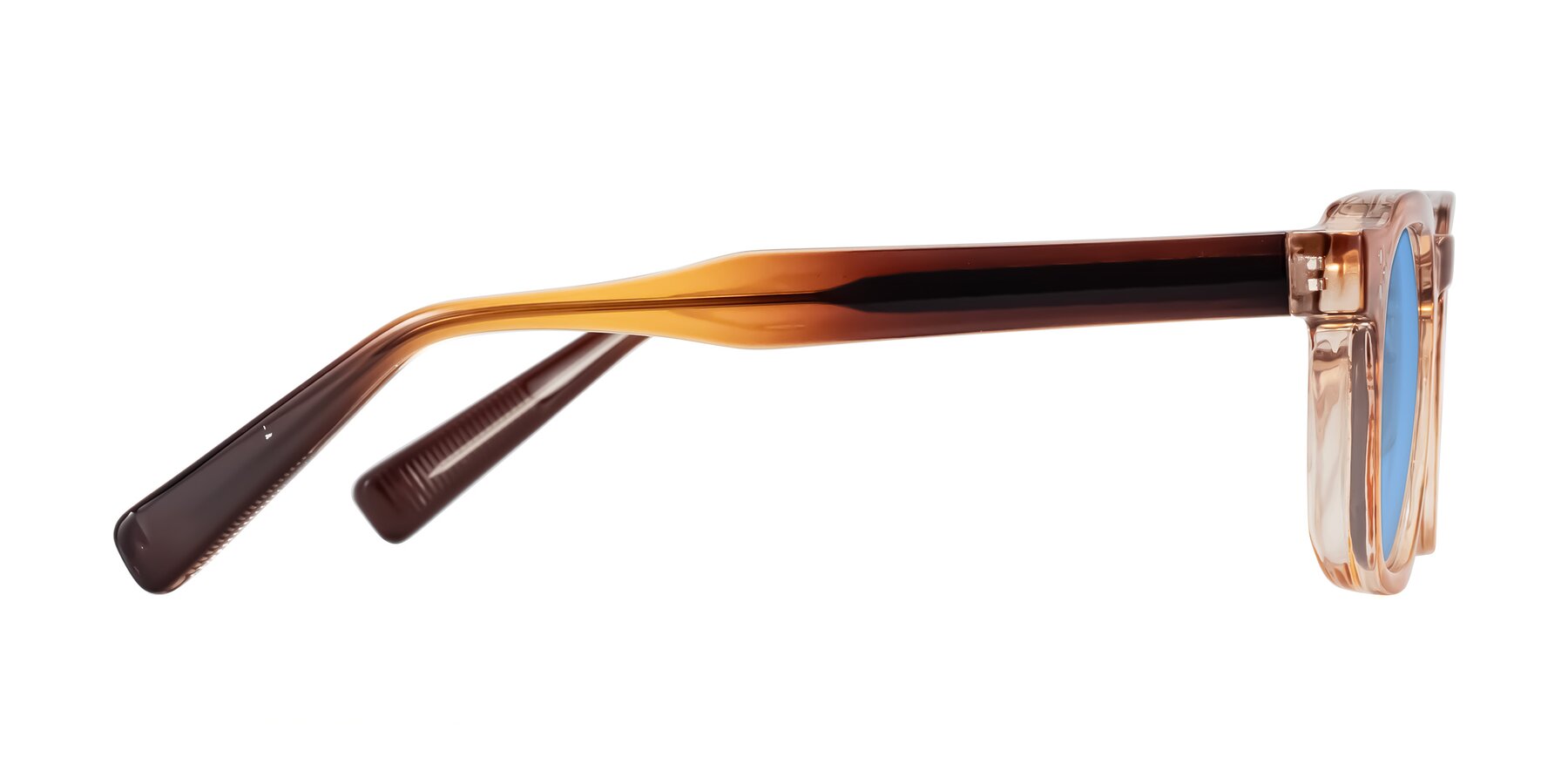 Side of Fingar in Amber Striped with Medium Blue Tinted Lenses