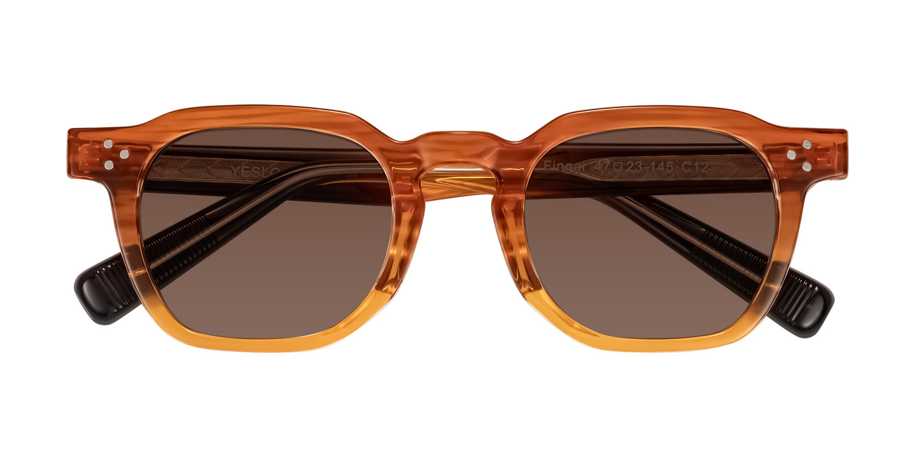 Folded Front of Fingar in Amber Striped with Brown Tinted Lenses