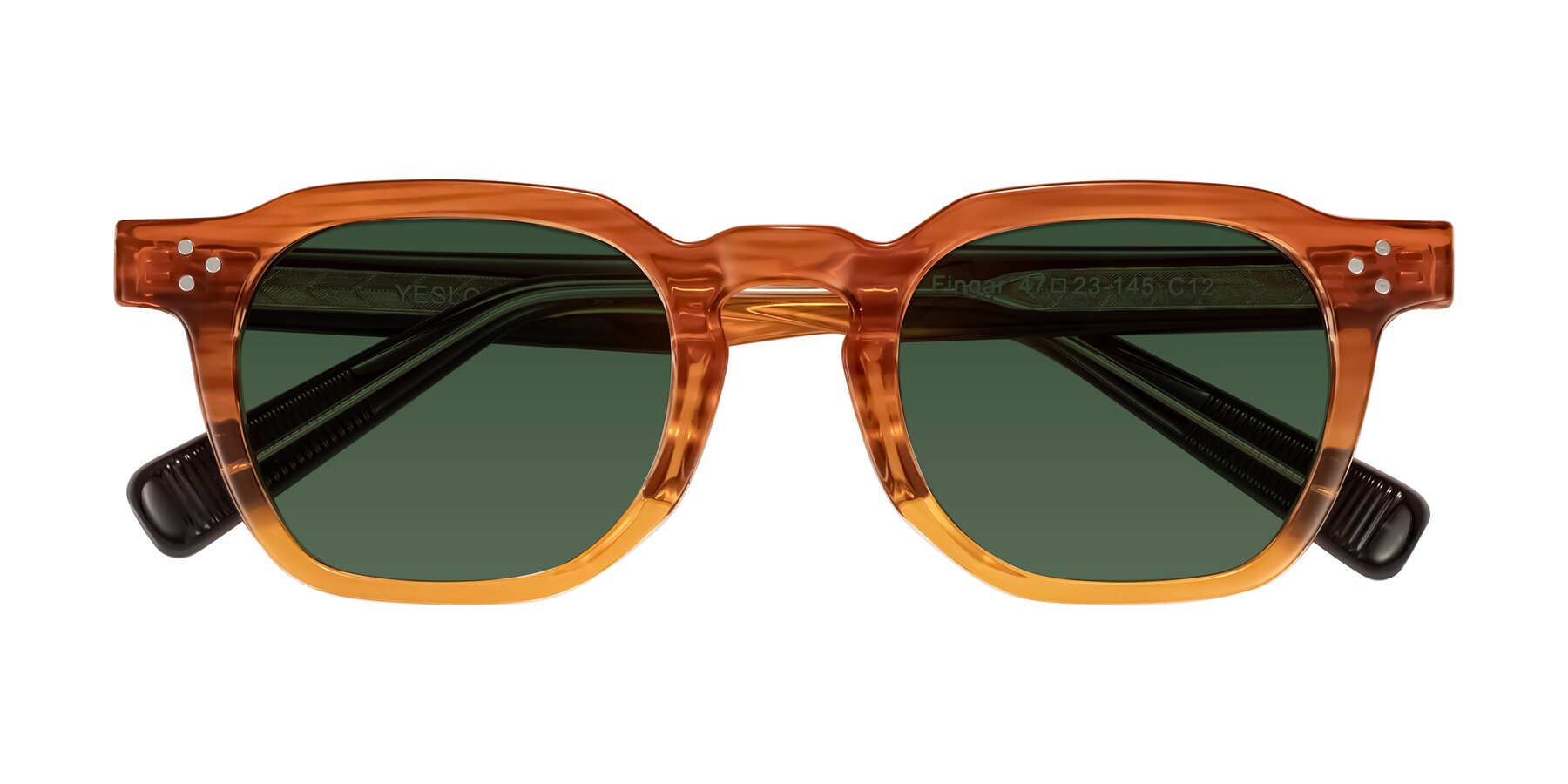 Folded Front of Fingar in Amber Striped with Green Tinted Lenses