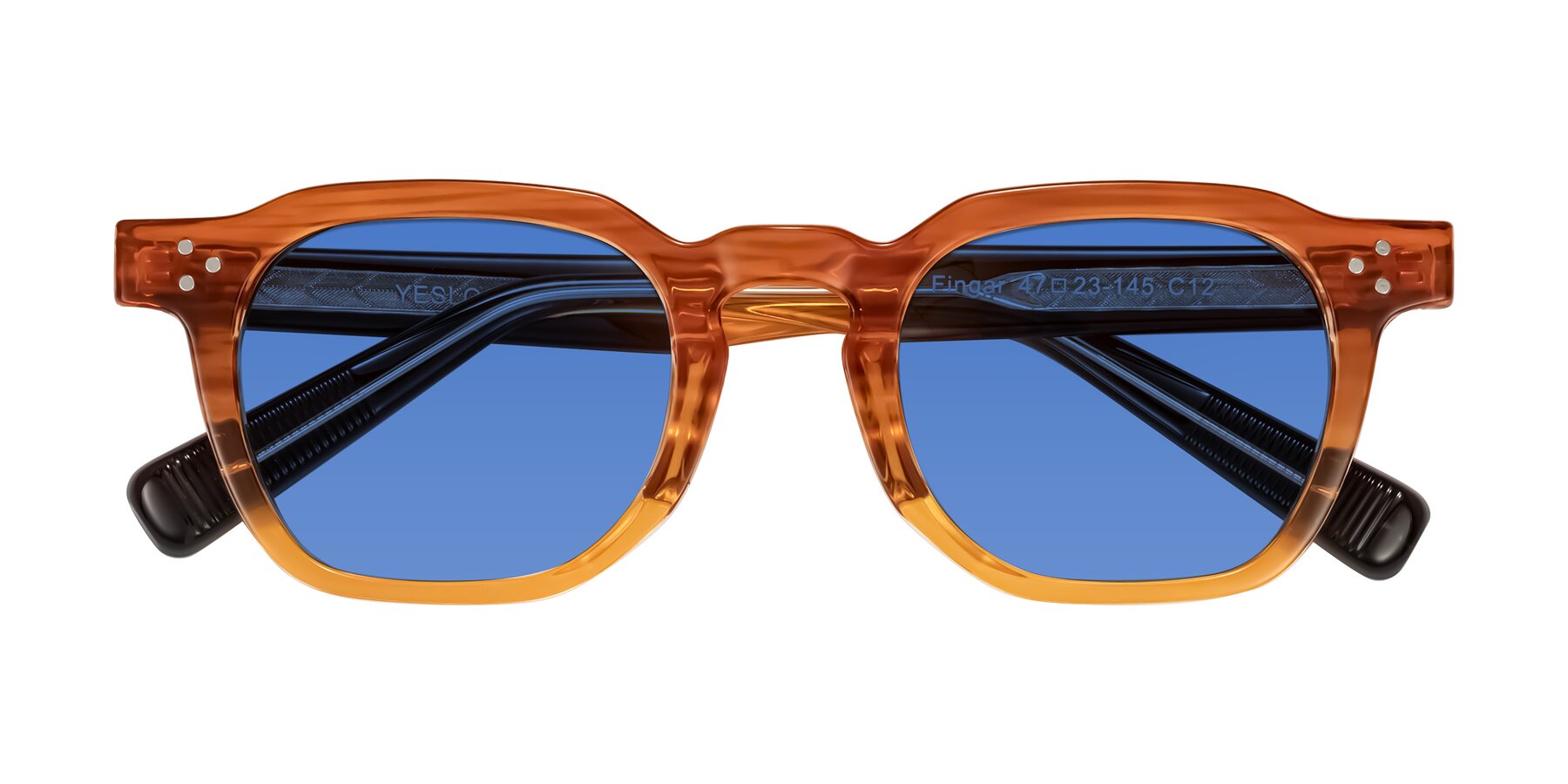 Folded Front of Fingar in Amber Striped with Blue Tinted Lenses