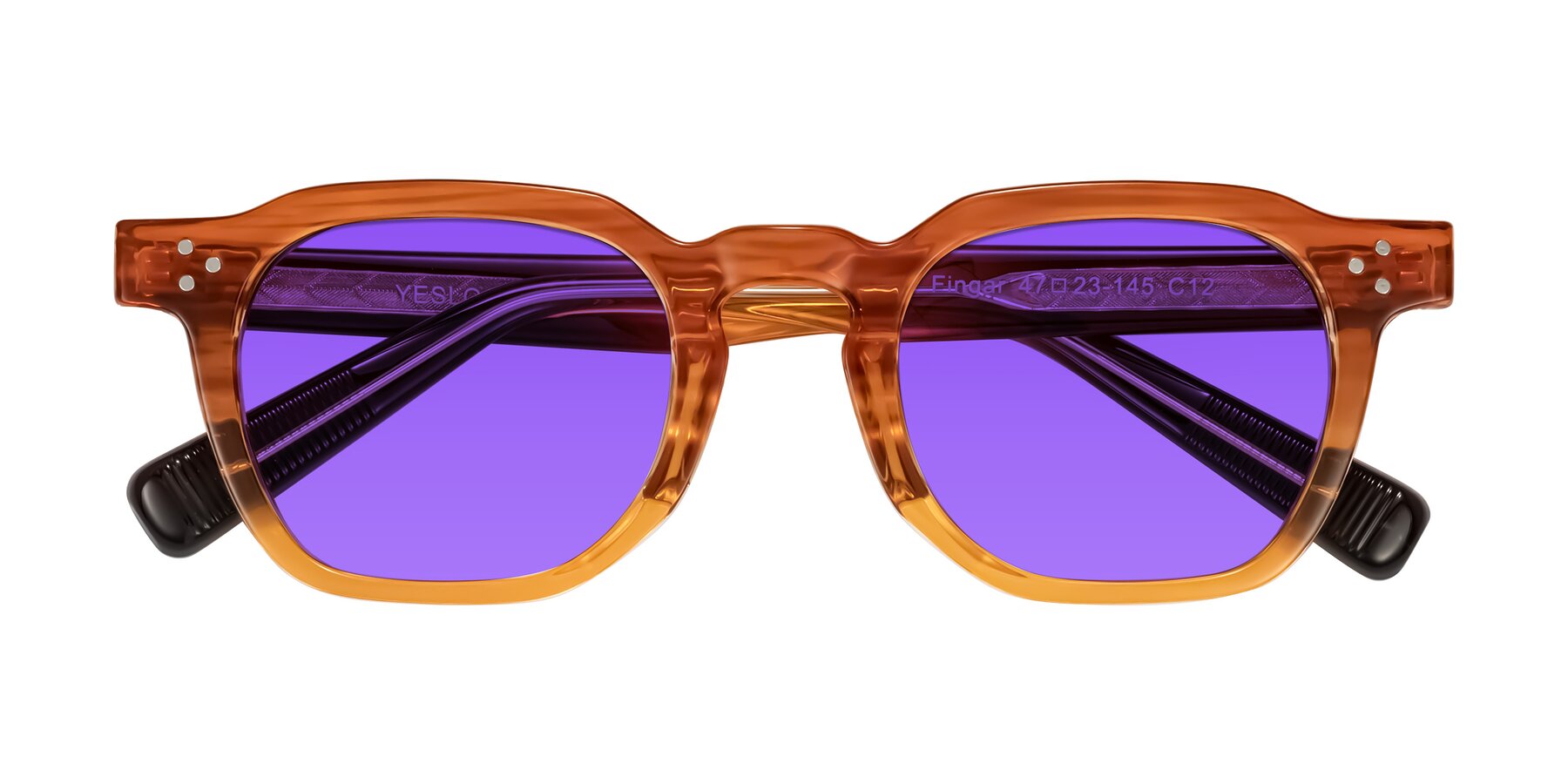 Folded Front of Fingar in Amber Striped with Purple Tinted Lenses