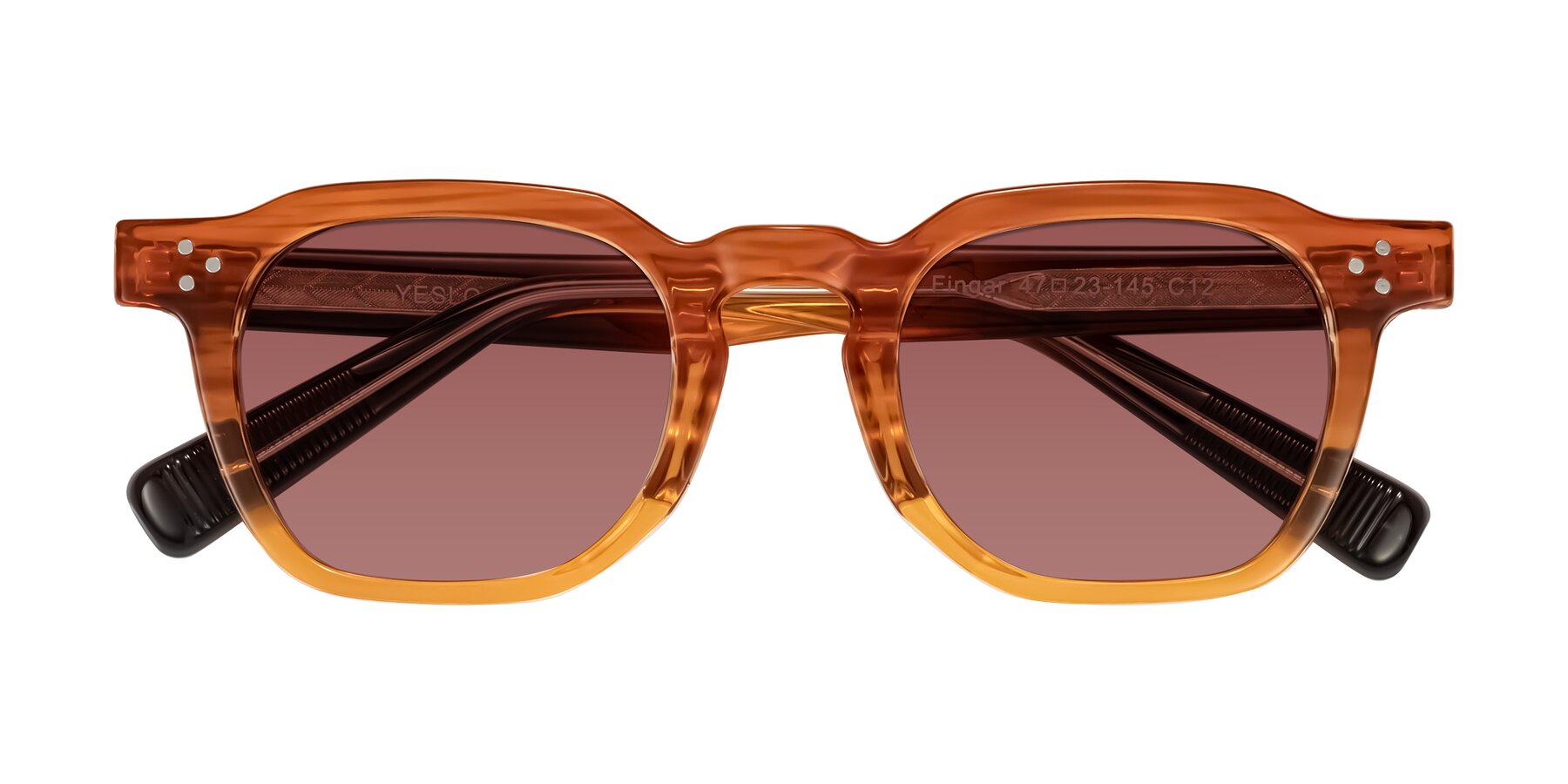 Folded Front of Fingar in Amber Striped with Garnet Tinted Lenses