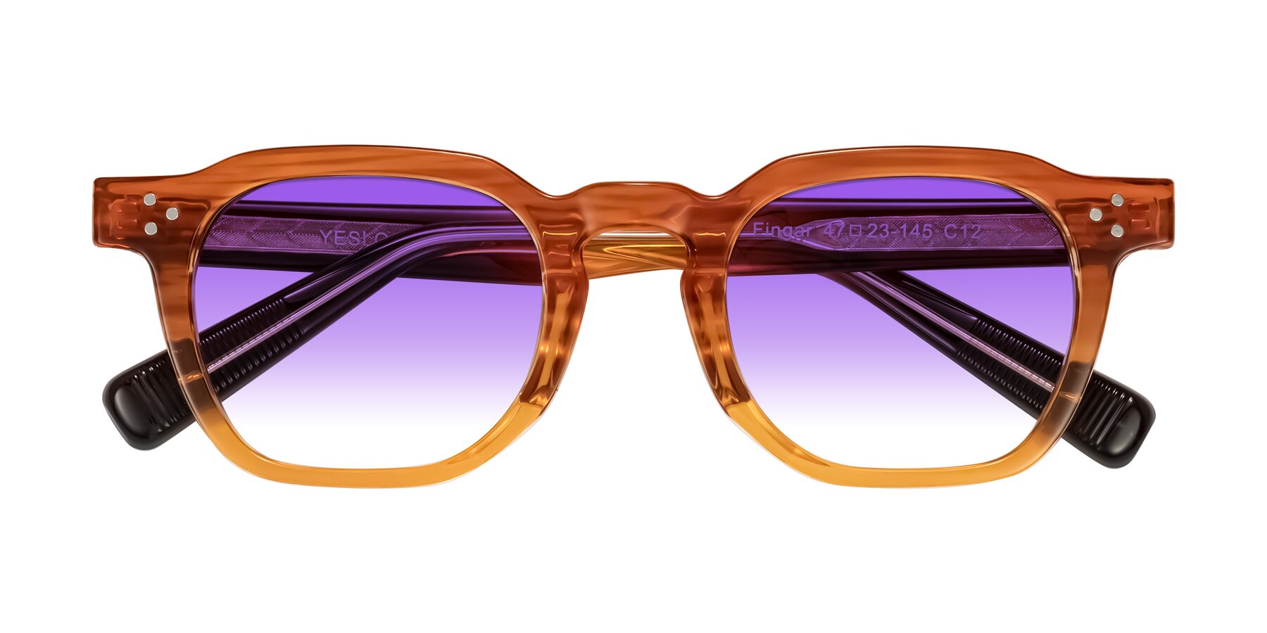 Folded Front of Fingar in Amber Striped with Purple Gradient Lenses