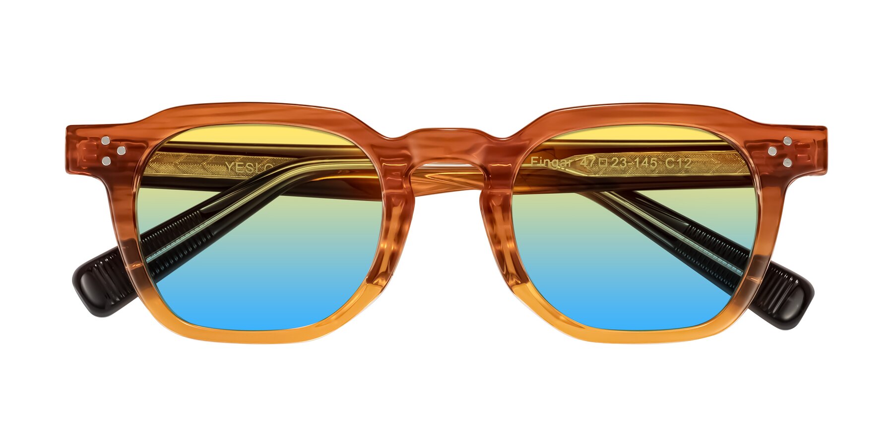 Folded Front of Fingar in Amber Striped with Yellow / Blue Gradient Lenses