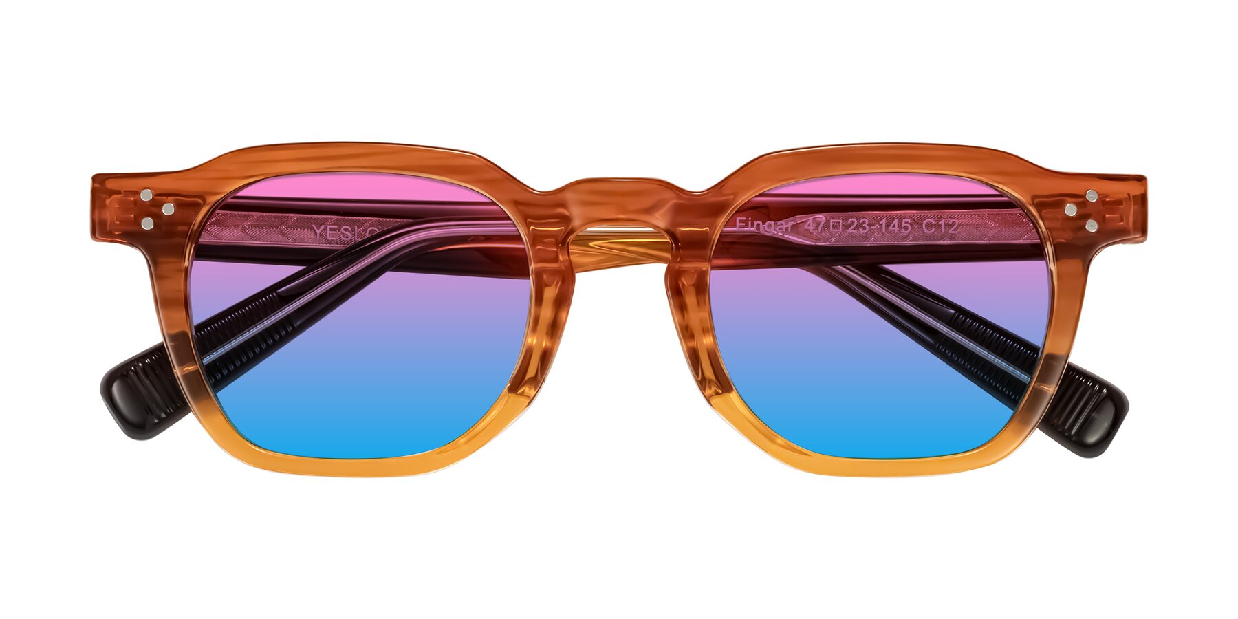 Folded Front of Fingar in Amber Striped with Pink / Blue Gradient Lenses