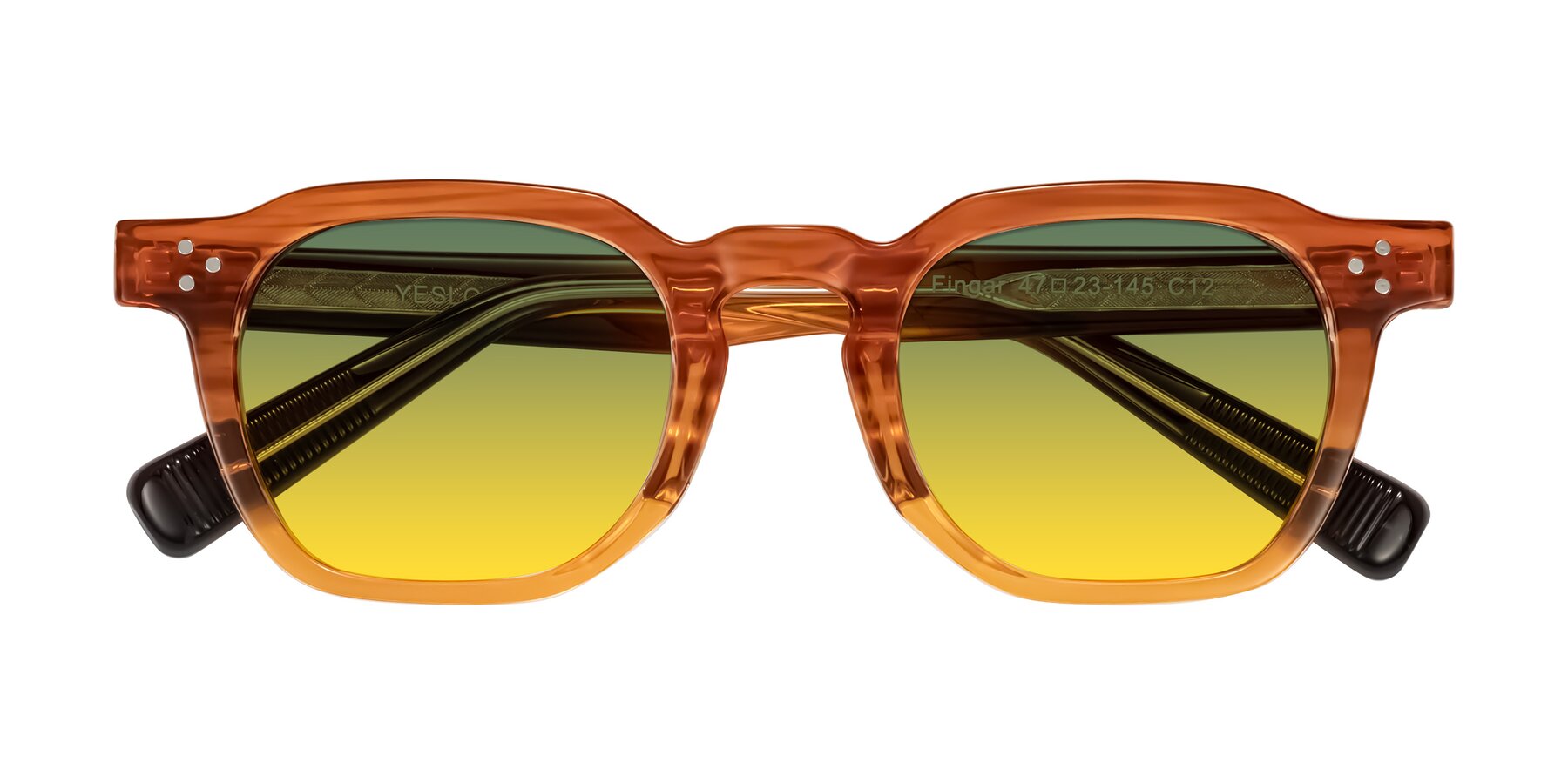 Folded Front of Fingar in Amber Striped with Green / Yellow Gradient Lenses