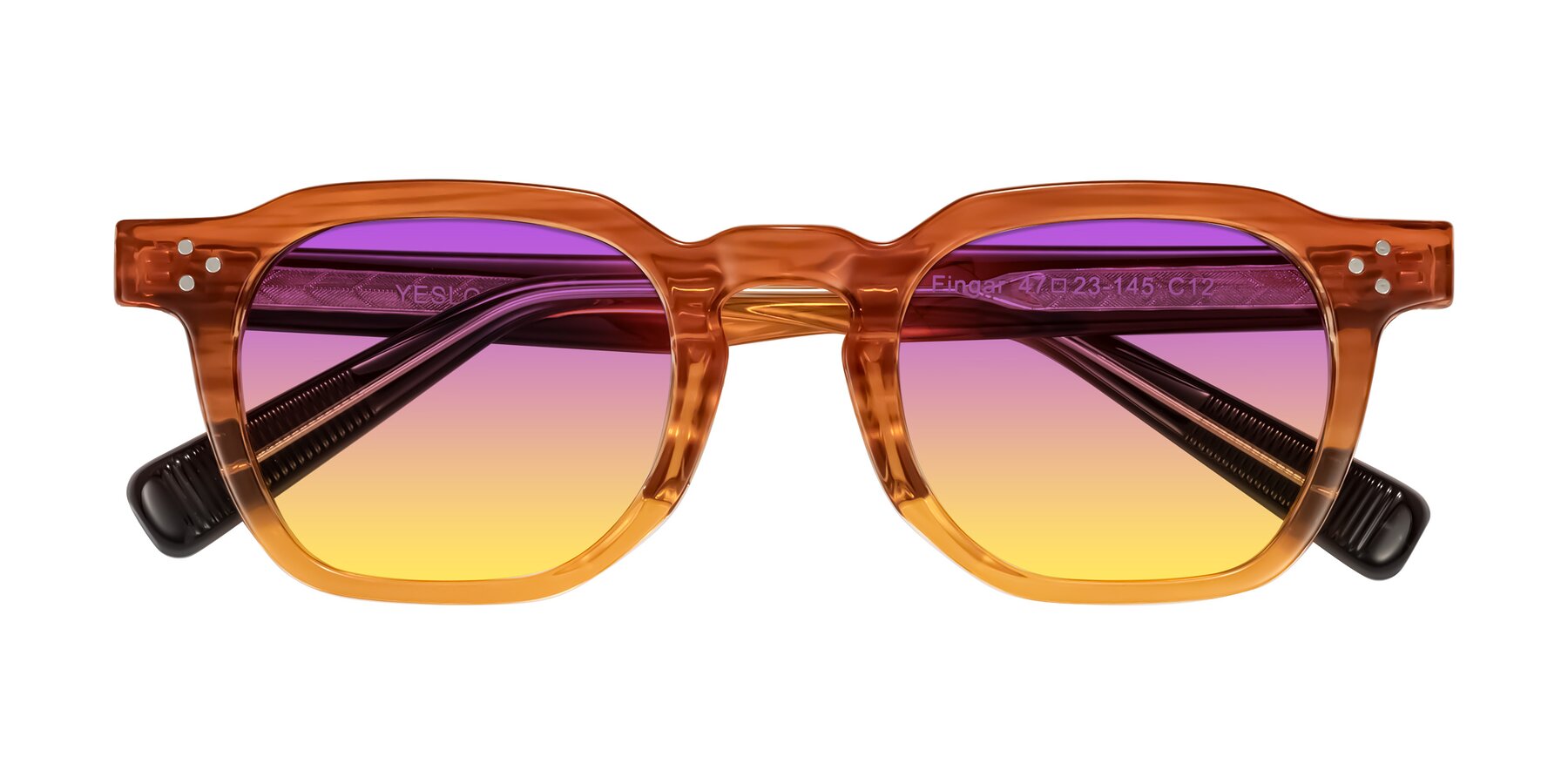 Folded Front of Fingar in Amber Striped with Purple / Yellow Gradient Lenses