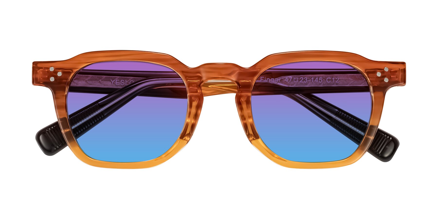 Folded Front of Fingar in Amber Striped with Purple / Blue Gradient Lenses