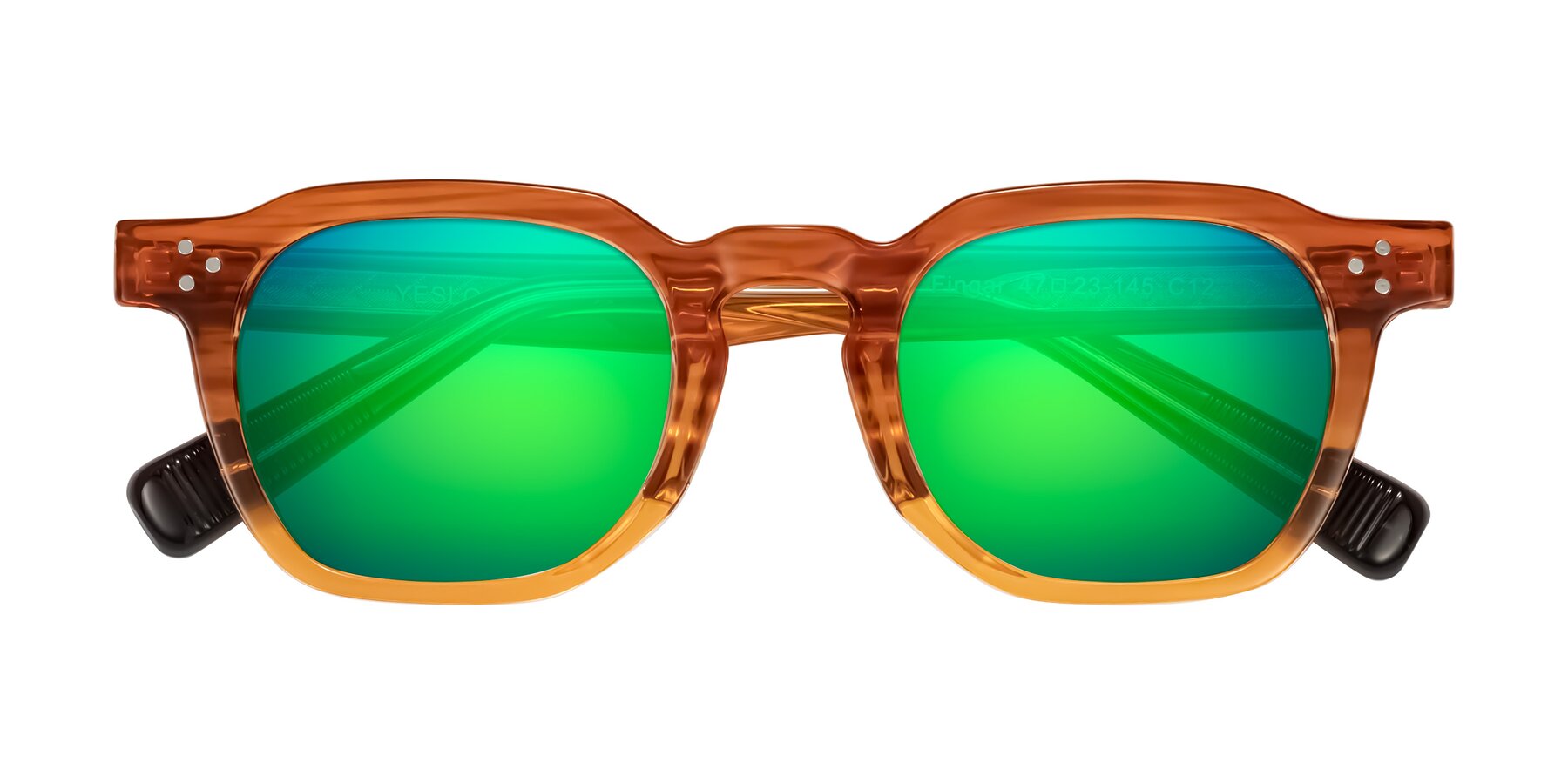 Folded Front of Fingar in Amber Striped with Green Mirrored Lenses