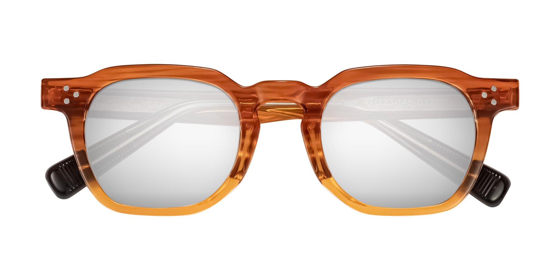 Folded Front of Fingar in Amber Striped with Silver Mirrored Lenses