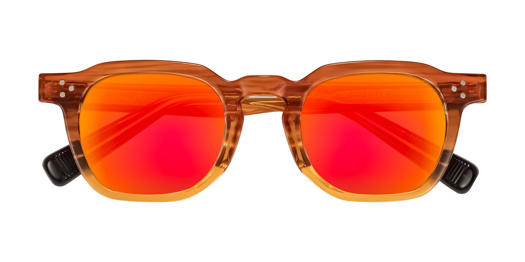Folded Front of Fingar in Amber Striped with Red Gold Mirrored Lenses
