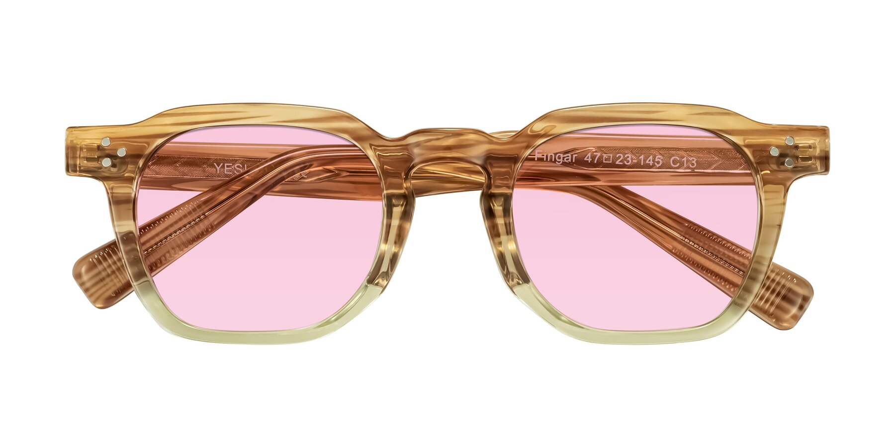 Folded Front of Fingar in Champagne Striped with Light Pink Tinted Lenses