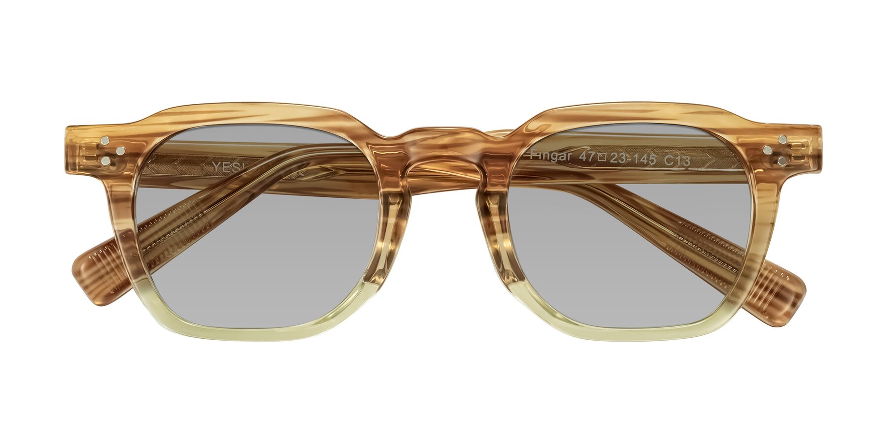 Folded Front of Fingar in Champagne Striped with Light Gray Tinted Lenses