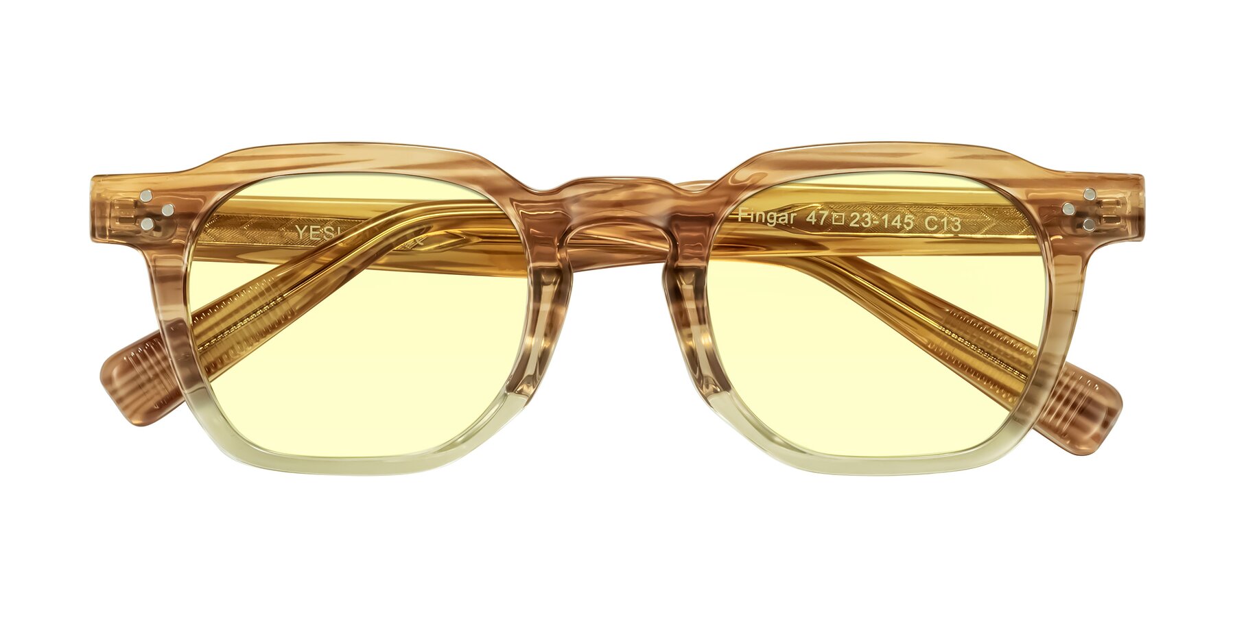 Folded Front of Fingar in Champagne Striped with Light Yellow Tinted Lenses