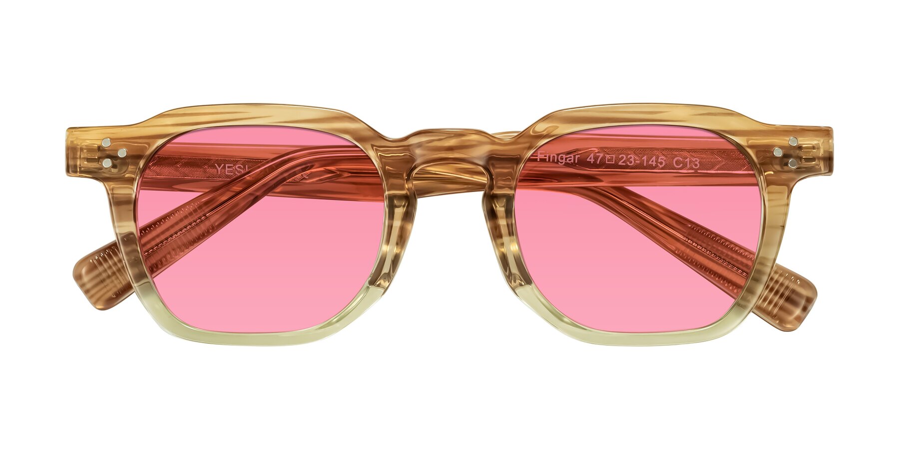 Folded Front of Fingar in Champagne Striped with Pink Tinted Lenses