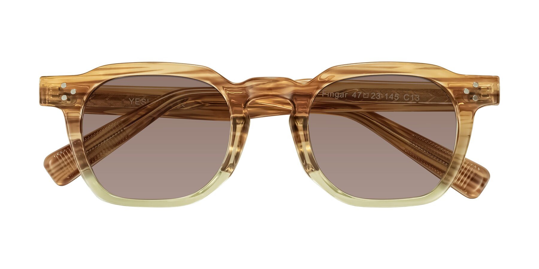 Folded Front of Fingar in Champagne Striped with Medium Brown Tinted Lenses