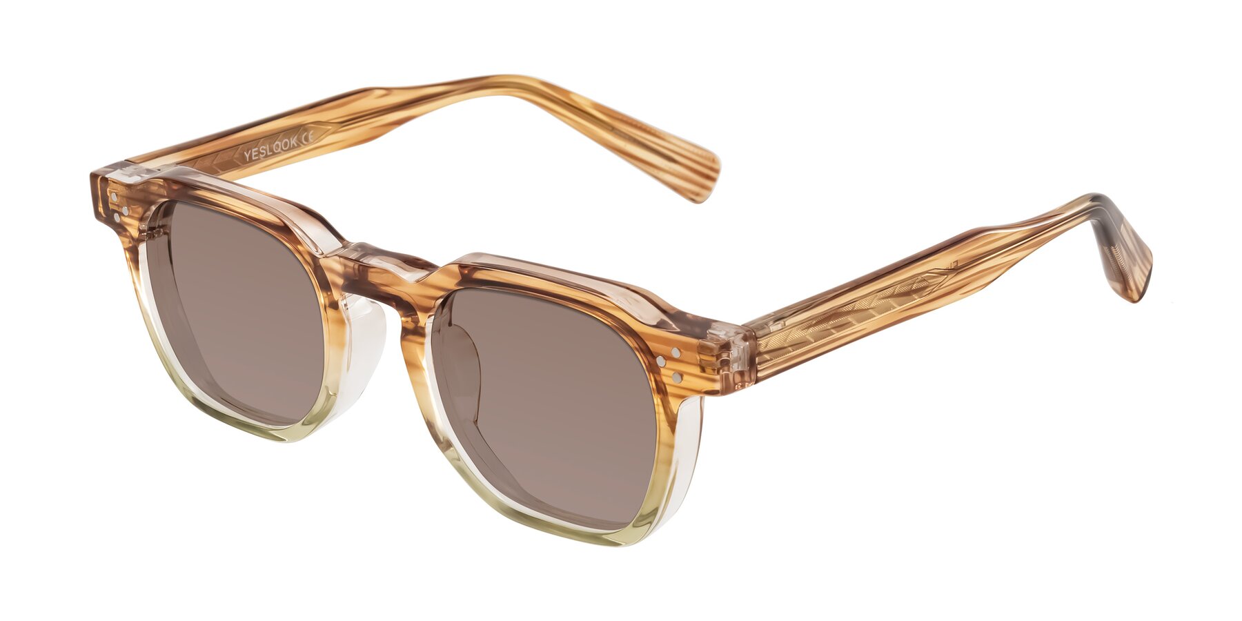 Angle of Fingar in Champagne Striped with Medium Brown Tinted Lenses
