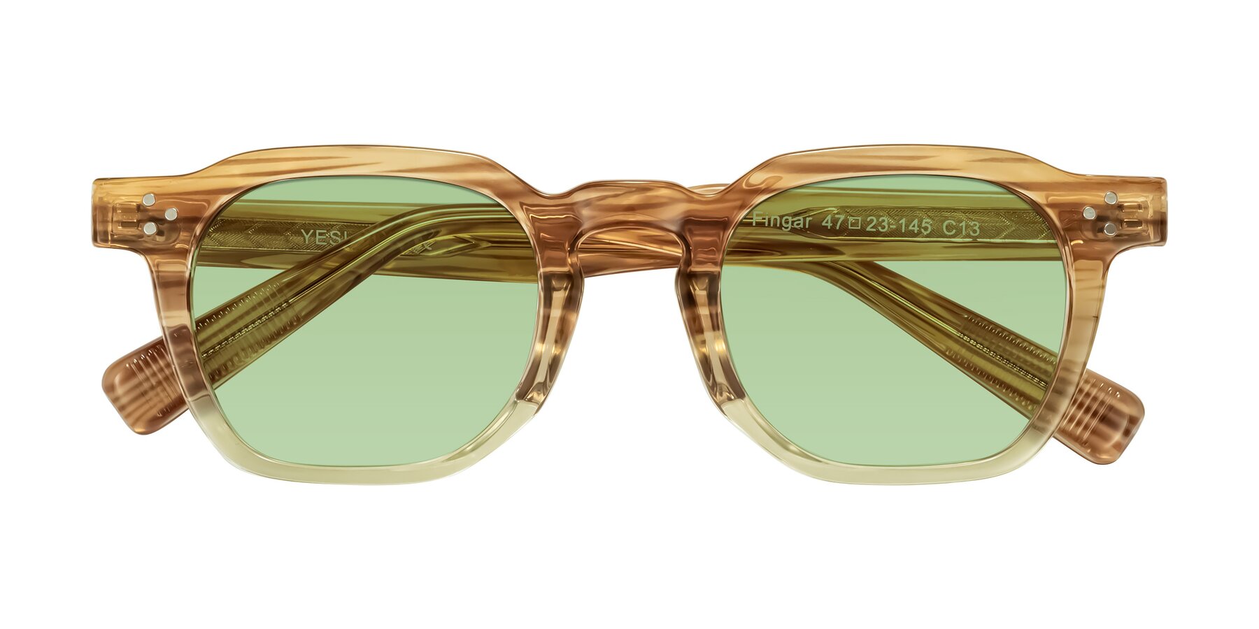 Folded Front of Fingar in Champagne Striped with Medium Green Tinted Lenses