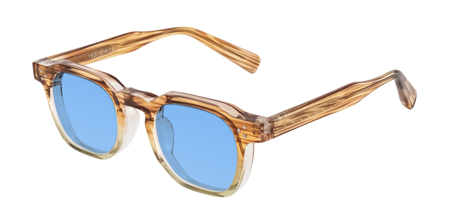 Angle of Fingar in Champagne Striped with Medium Blue Tinted Lenses