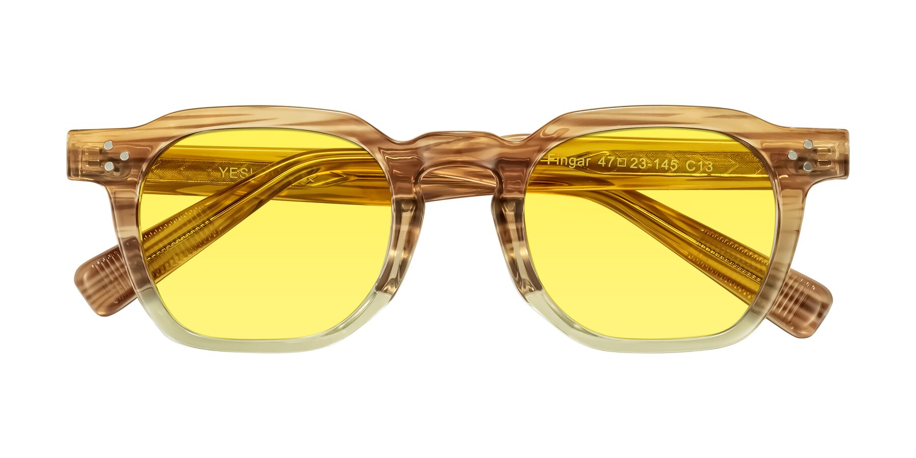 Folded Front of Fingar in Champagne Striped with Medium Yellow Tinted Lenses