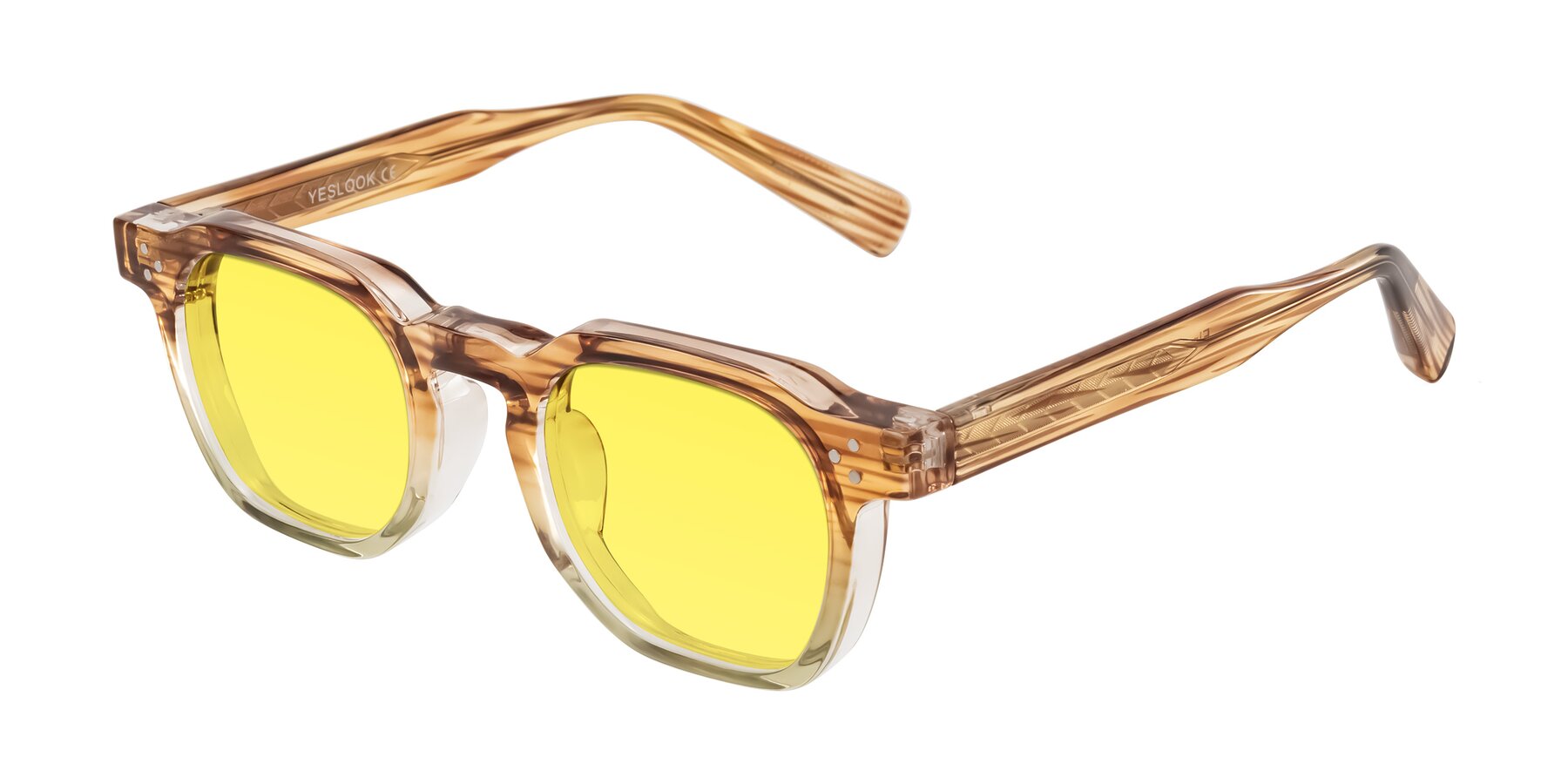 Angle of Fingar in Champagne Striped with Medium Yellow Tinted Lenses