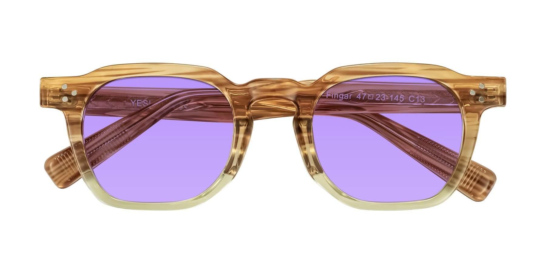 Folded Front of Fingar in Champagne Striped with Medium Purple Tinted Lenses