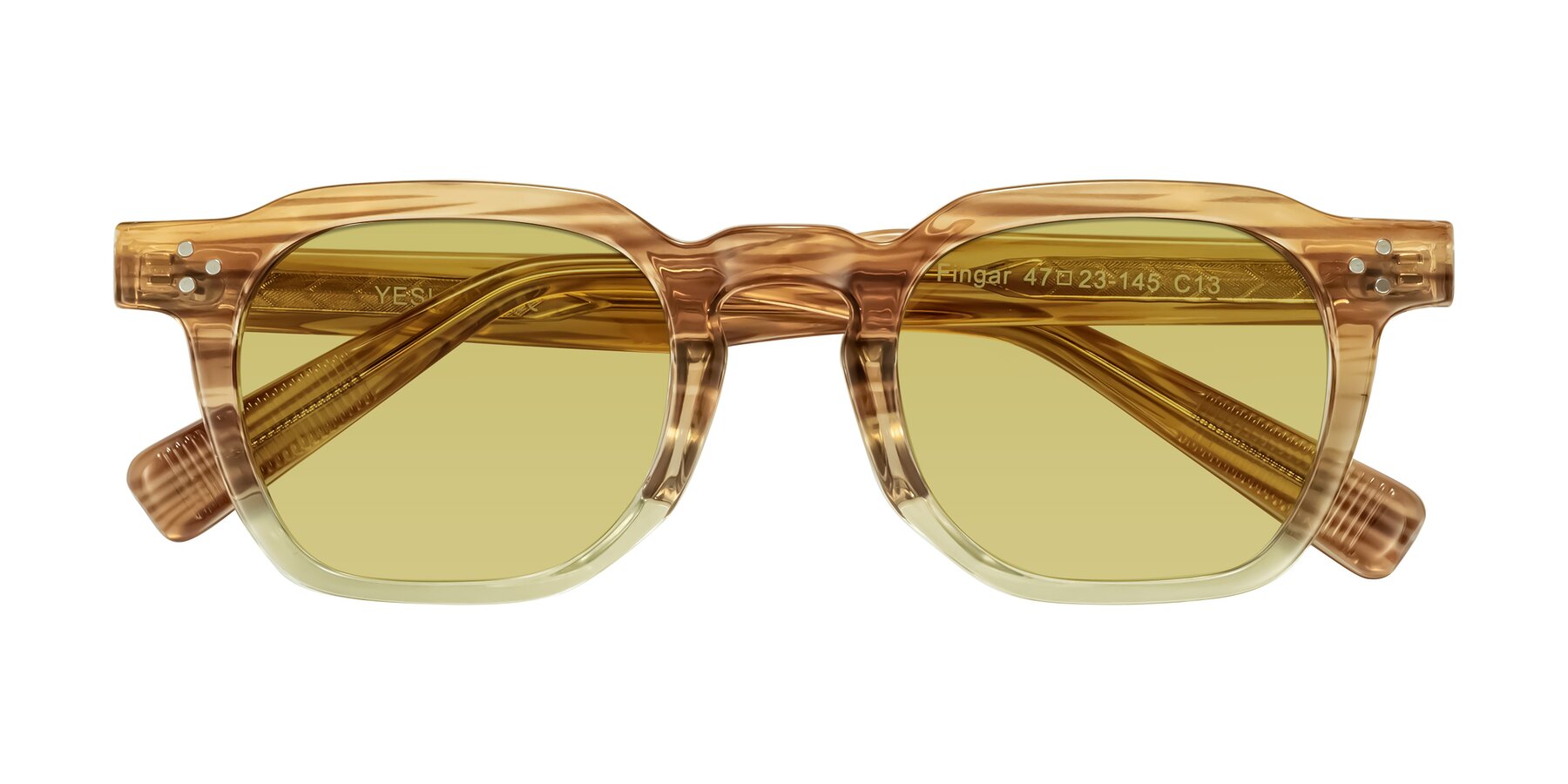 Folded Front of Fingar in Champagne Striped with Medium Champagne Tinted Lenses