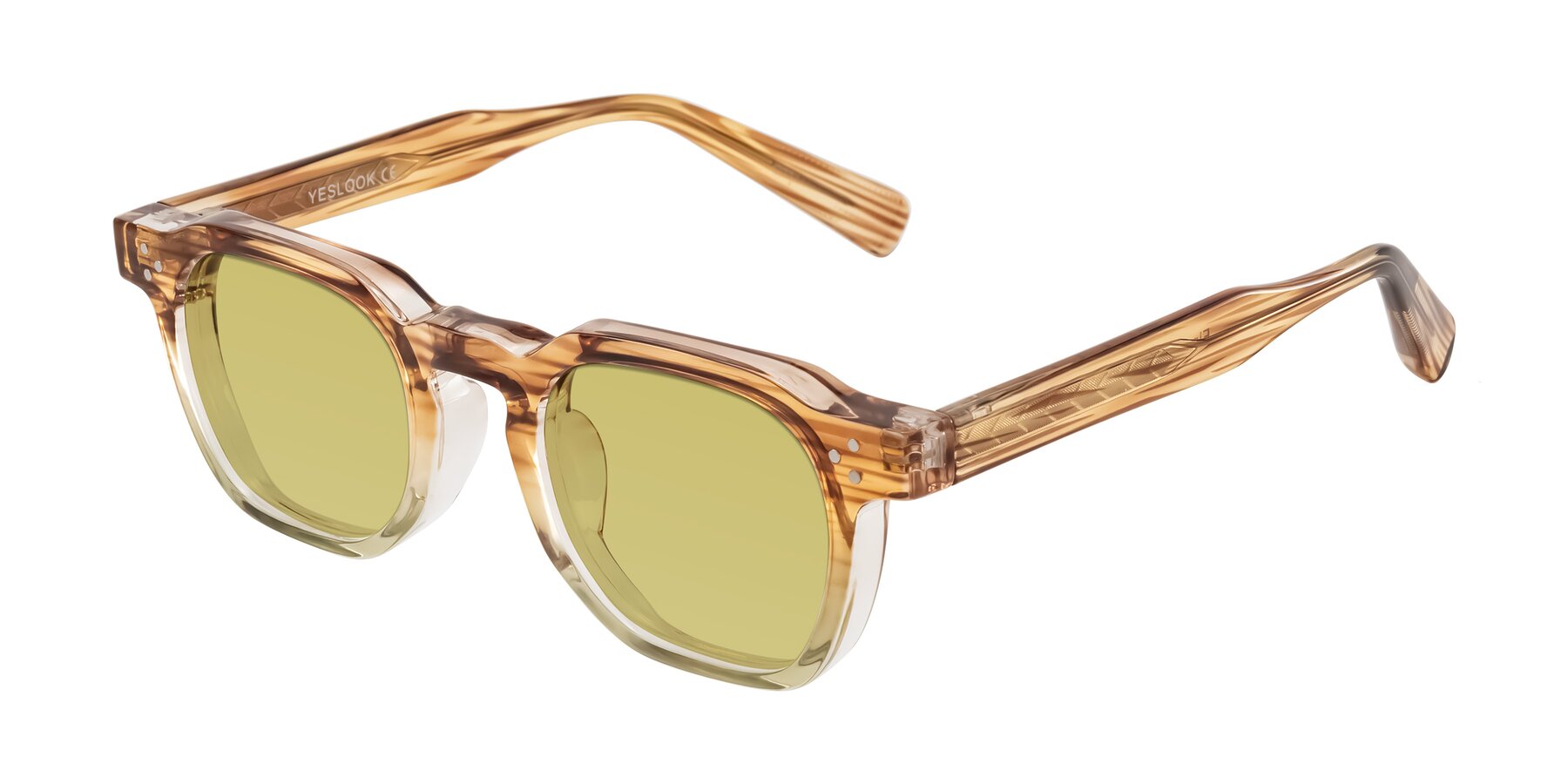Angle of Fingar in Champagne Striped with Medium Champagne Tinted Lenses