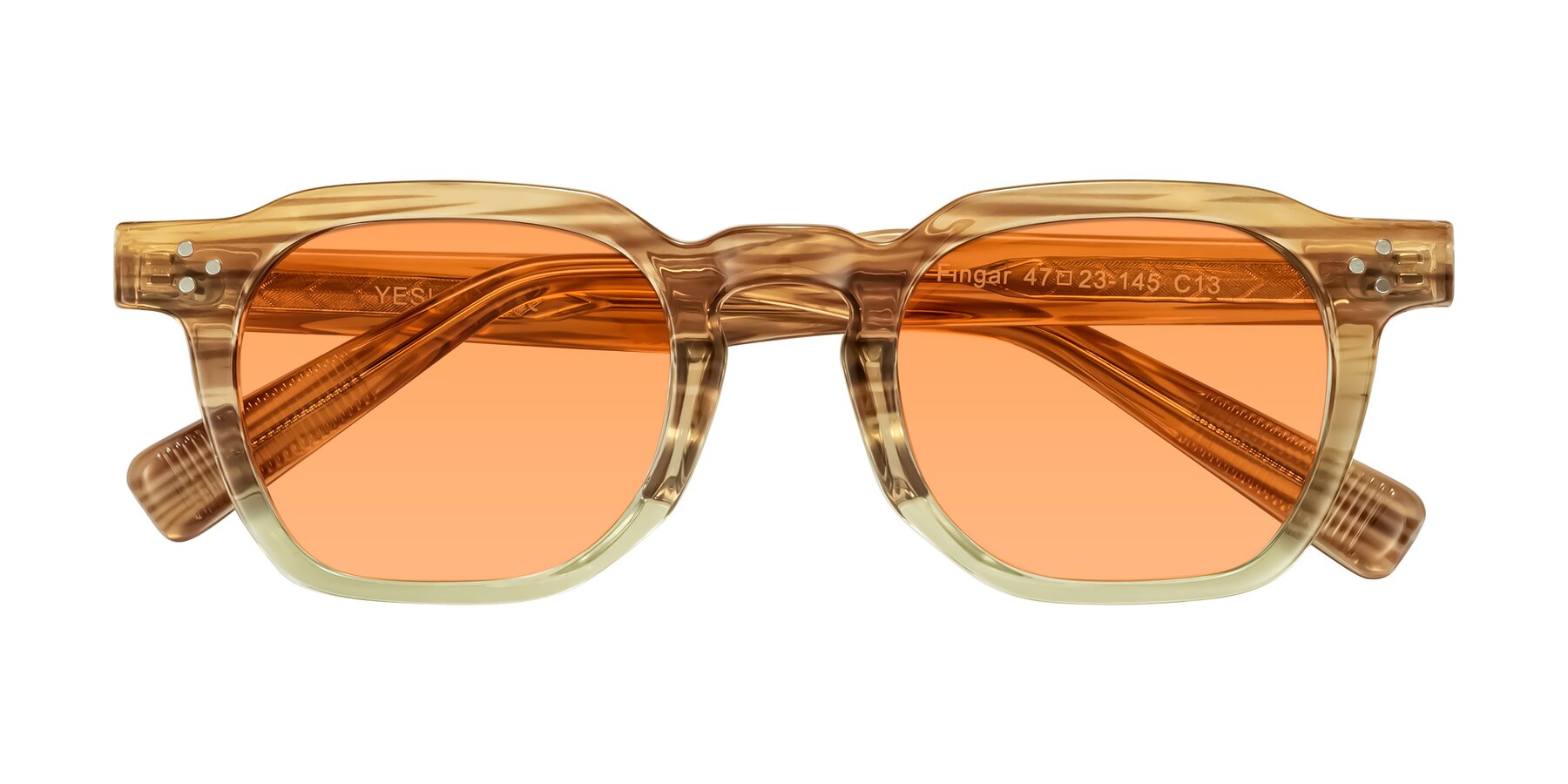Folded Front of Fingar in Champagne Striped with Medium Orange Tinted Lenses